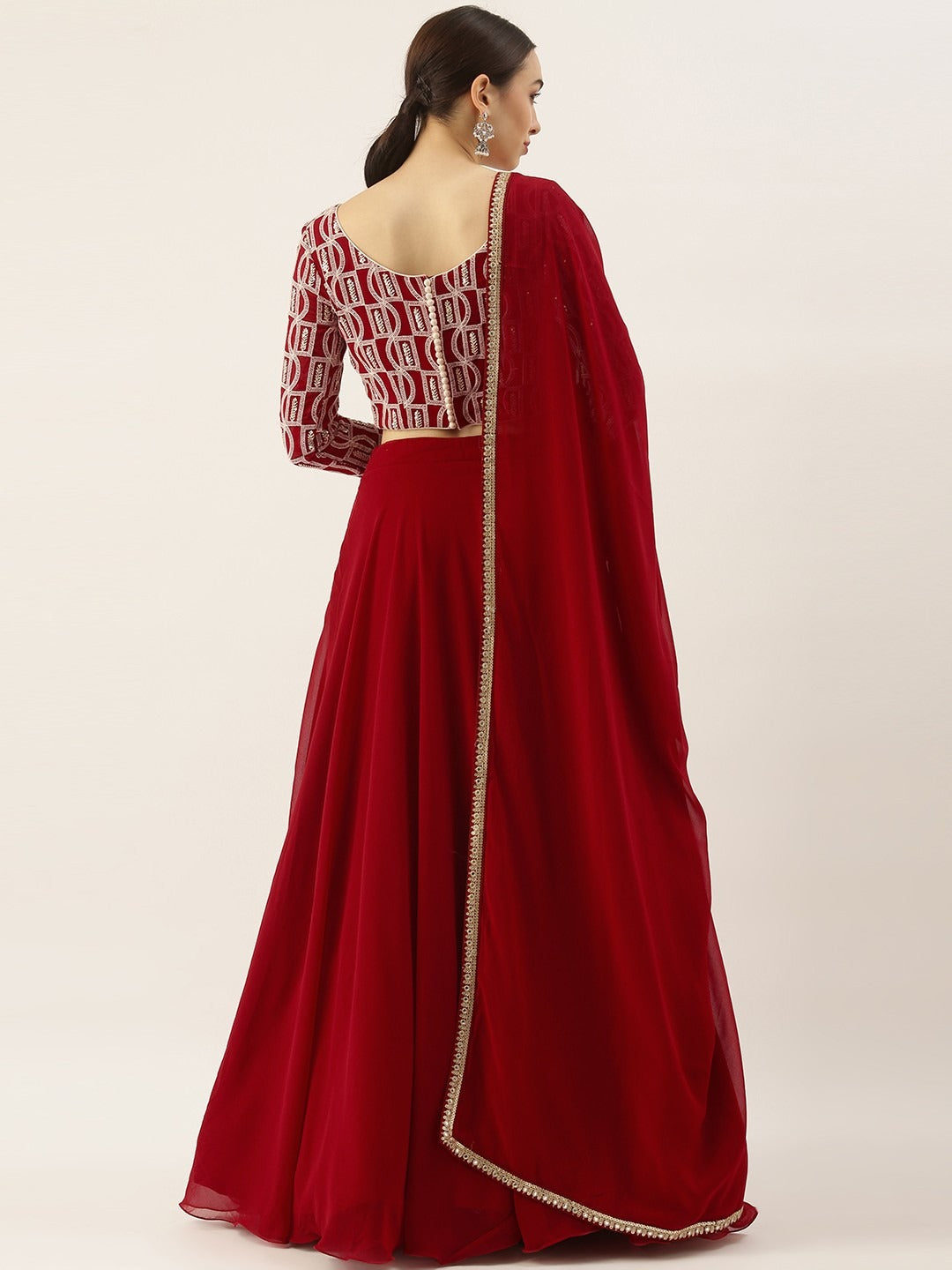 Bollywood Vogue Ready To Wear Maroon Georgette Embroidered Boat Neck Lehenga - Back View