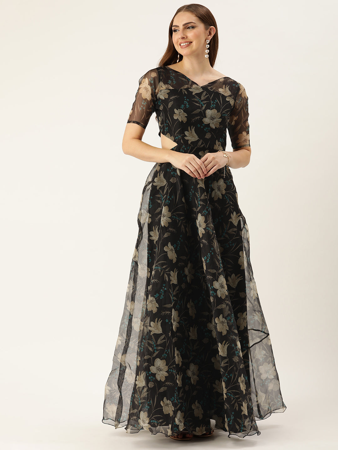 Bollywood Vogue Ready To Wear Black Digital Printed Organza Gown - Front View