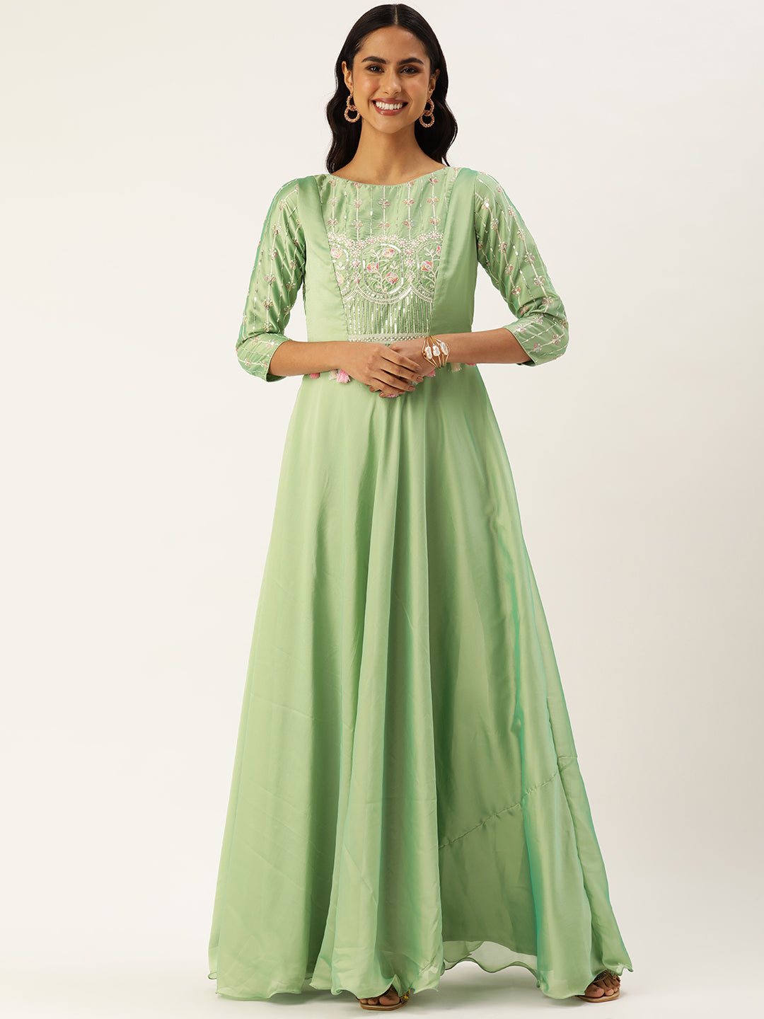Bollywood Vogue Ready To Wear Green Art Silk Embroidered Patch Style Gown - Front View