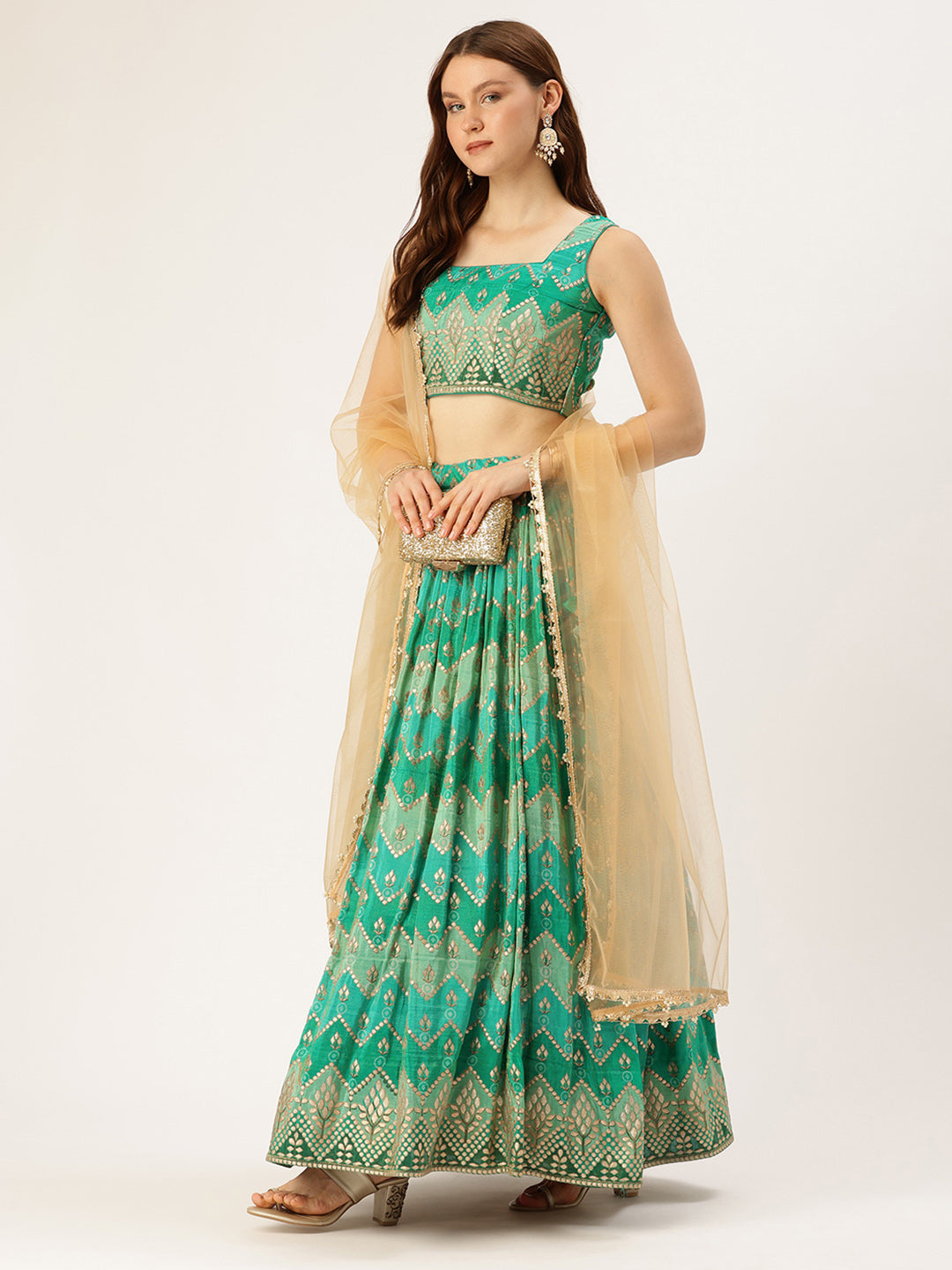 Bollywood Vogue Ready To Wear Green Art Silk Print Zari Pleated Lehenga Set - Side View