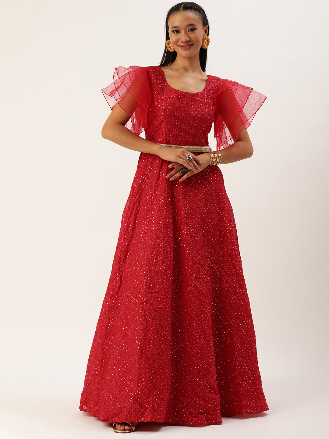 Bollywood Vogue Ready To Wear Dark Red Sequins Embroidered Gown - Front View