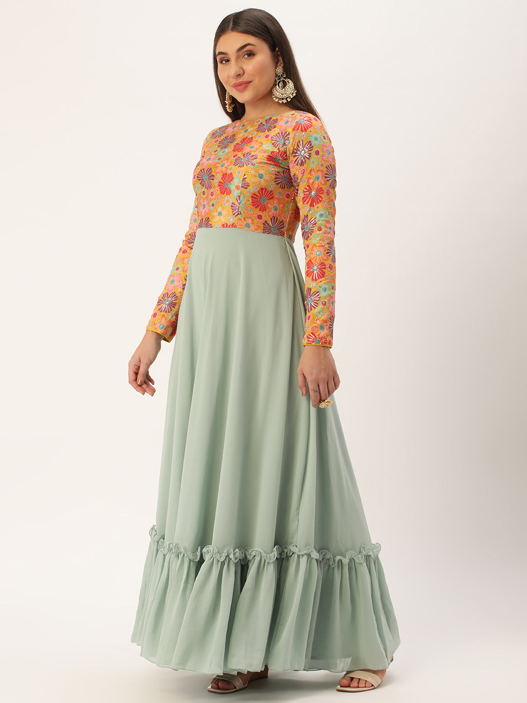 Bollywood Vogue Ready To Wear Multicolored Embroidered N Green Georgette Gown - Side View