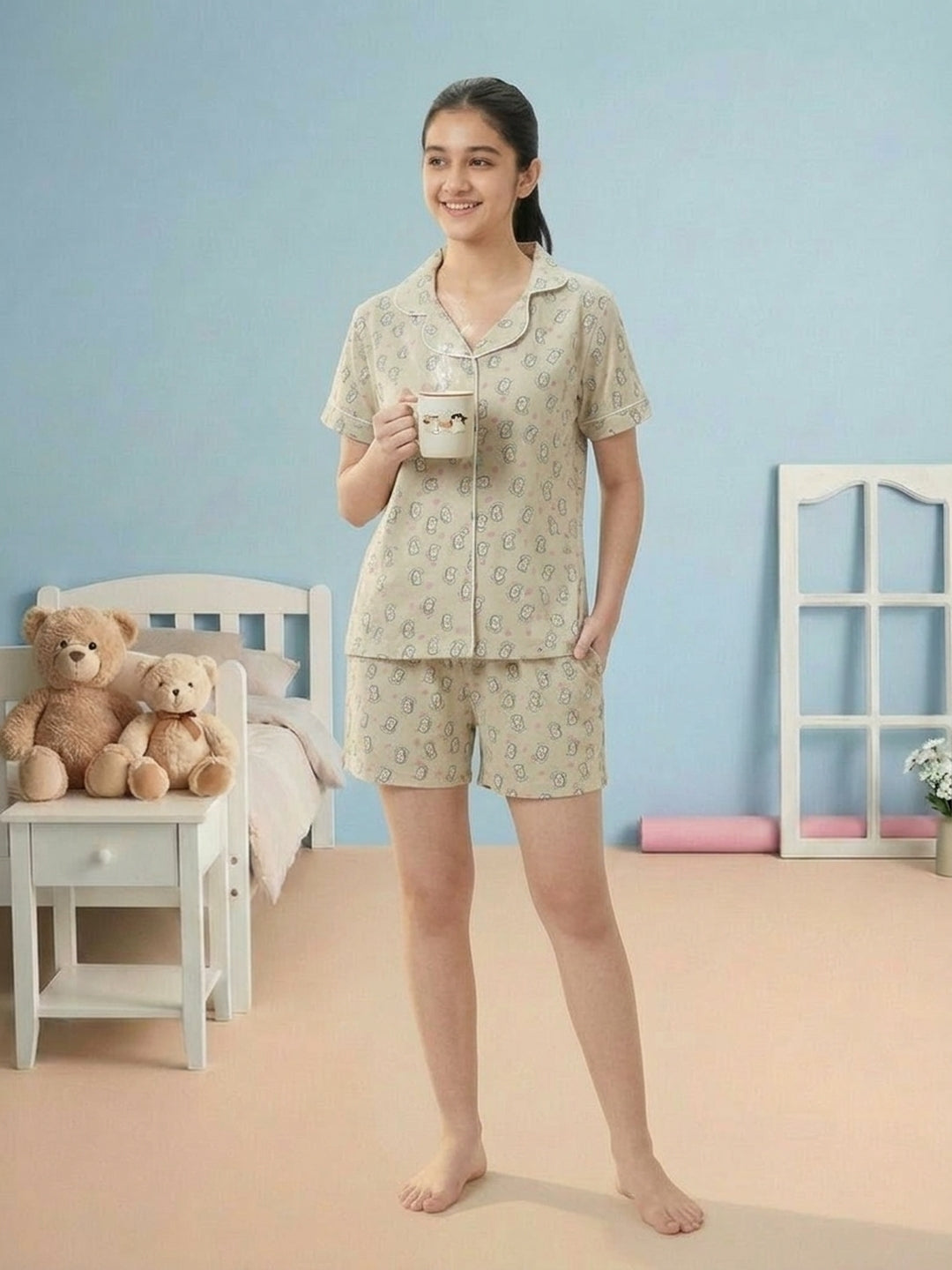 Lil Tomatoes Girls Cotton Night Suits - Oil Green