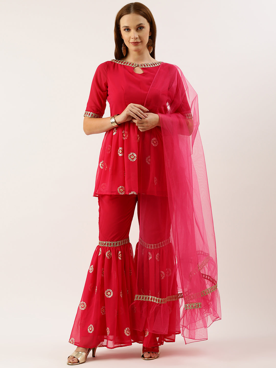 Bollywood Vogue Ready To Wear Dark Pink Georgette Embroidered Gharara Suit Set - Front View