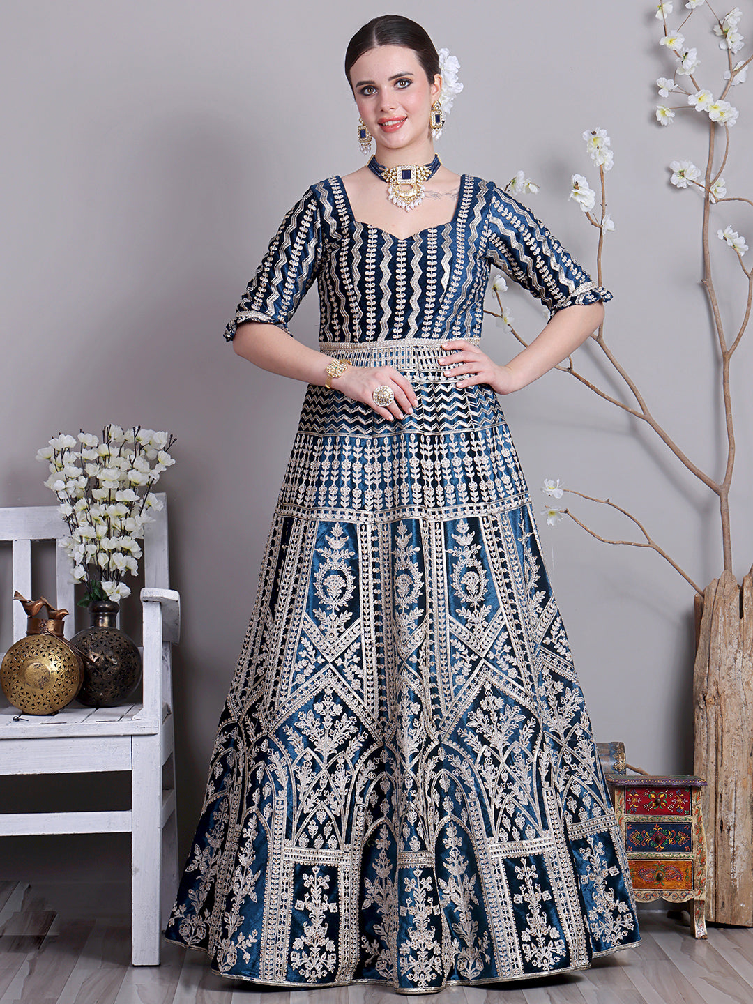 Bollywood Vogue Ready To Wear Classic Top With Teal Blue Velvet Anarkali Suit - Side View