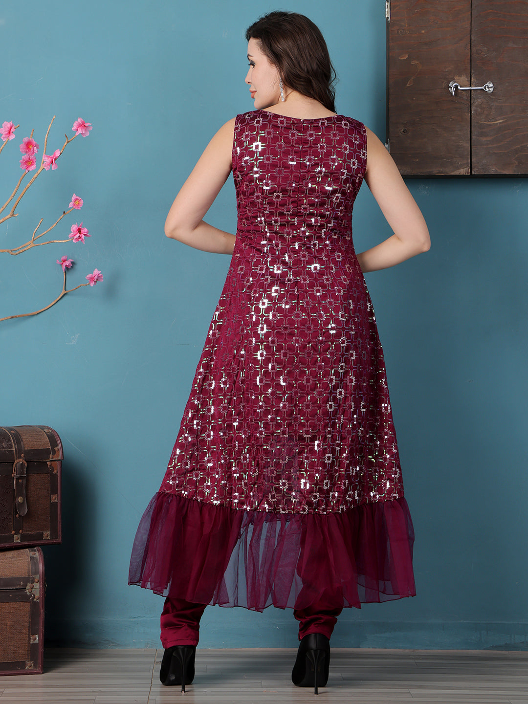 Bollywood Vogue Ready To Wear Wine Georgette Asymmetrical Straight Pant Suit - Detail View