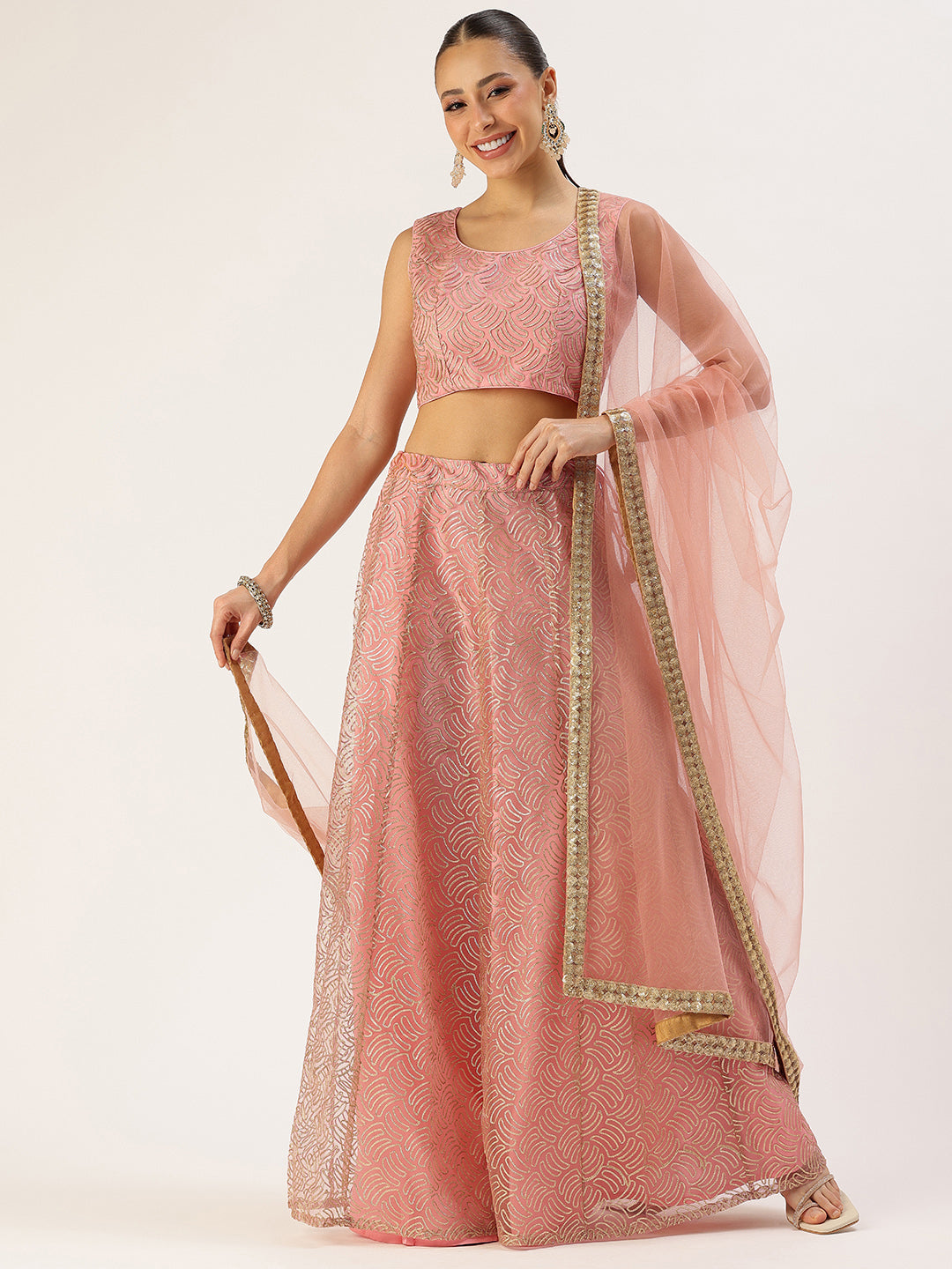 Bollywood Vogue Ready To Wear Pink Net Embroidered Kali Lehenga - Front View