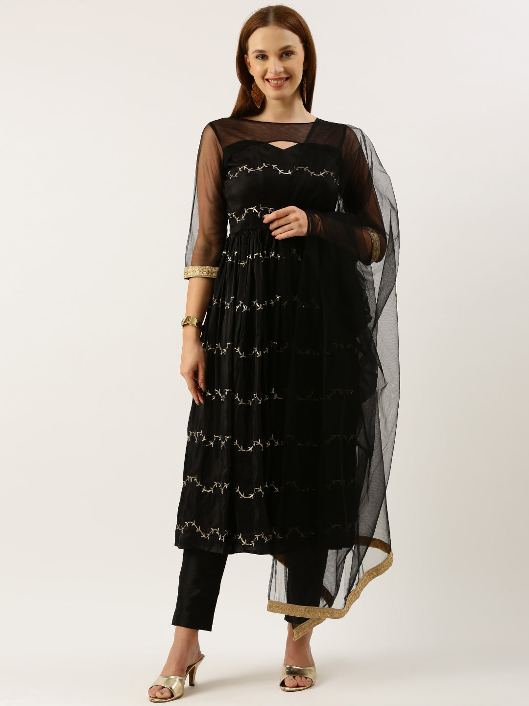 Bollywood Vogue Ready To Wear Black Viscose Embroidered Anarkali Suit - Front View