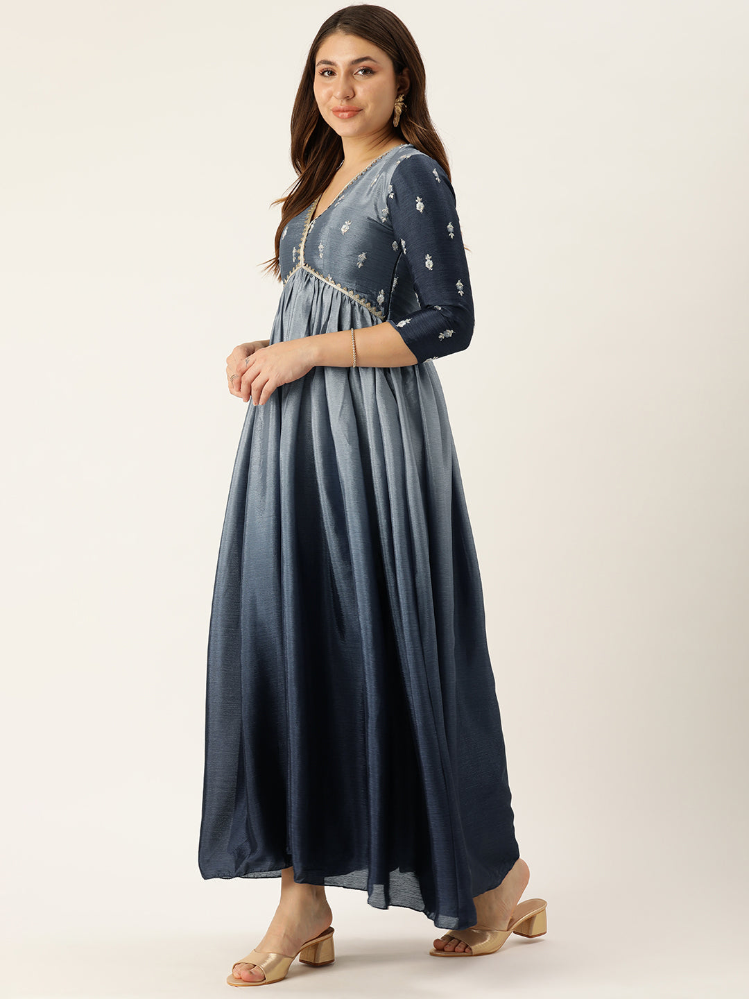 Bollywood Vogue Ready To Wear Grey Chinon Tie N Dye Gown - Side View