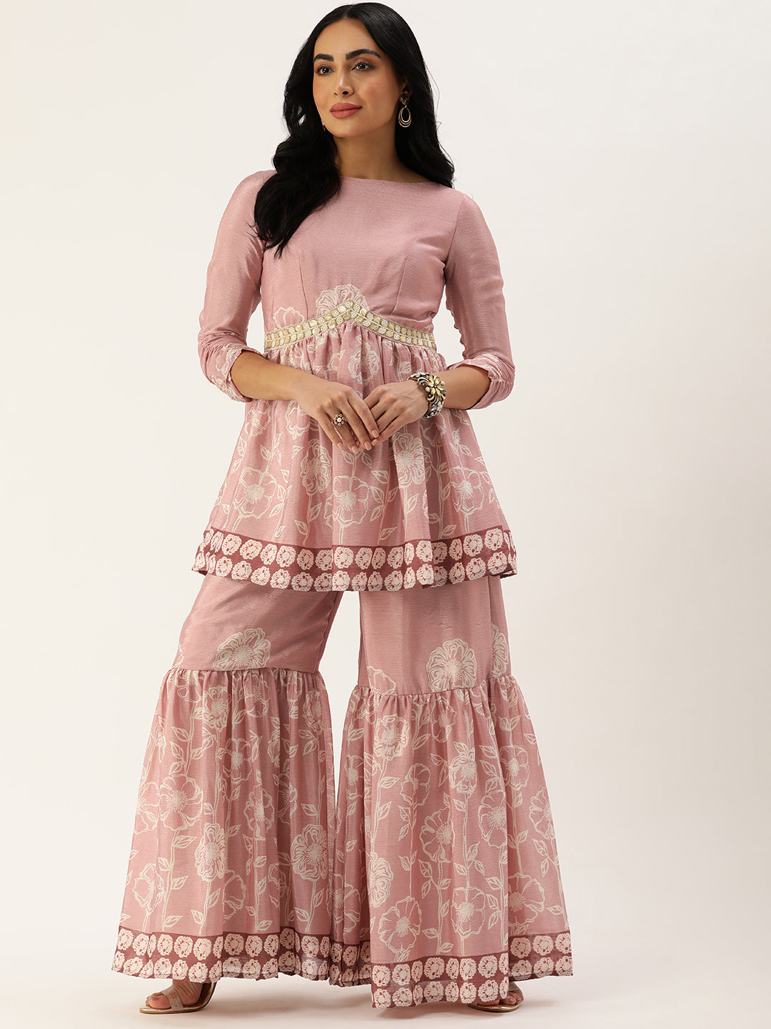 Bollywood Vogue Ready To Wear Pink Foil Print Chinon Alia Cut Kurta Set - Front View