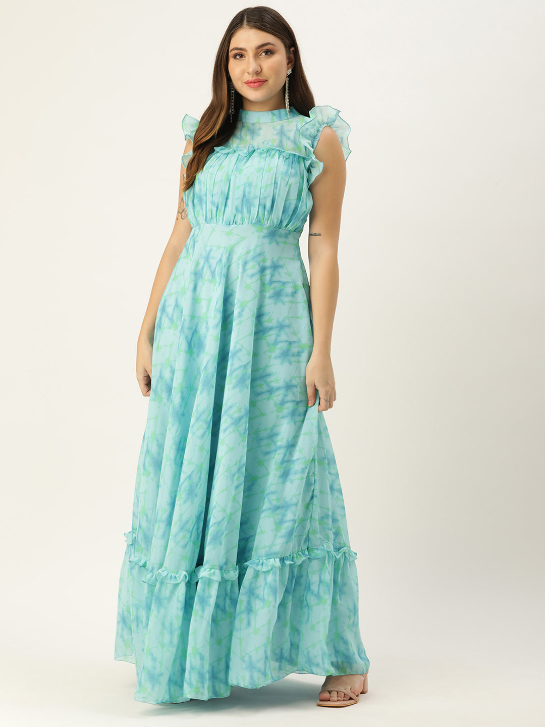 Bollywood Vogue Ready To Wear Blue Digital Printed Georgette Gown - Front View