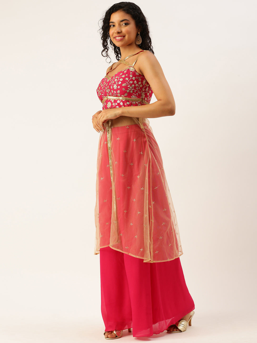 Bollywood Vogue Ready To Wear Pink Embroidered Chinon Palazzo Suit Set - Side View