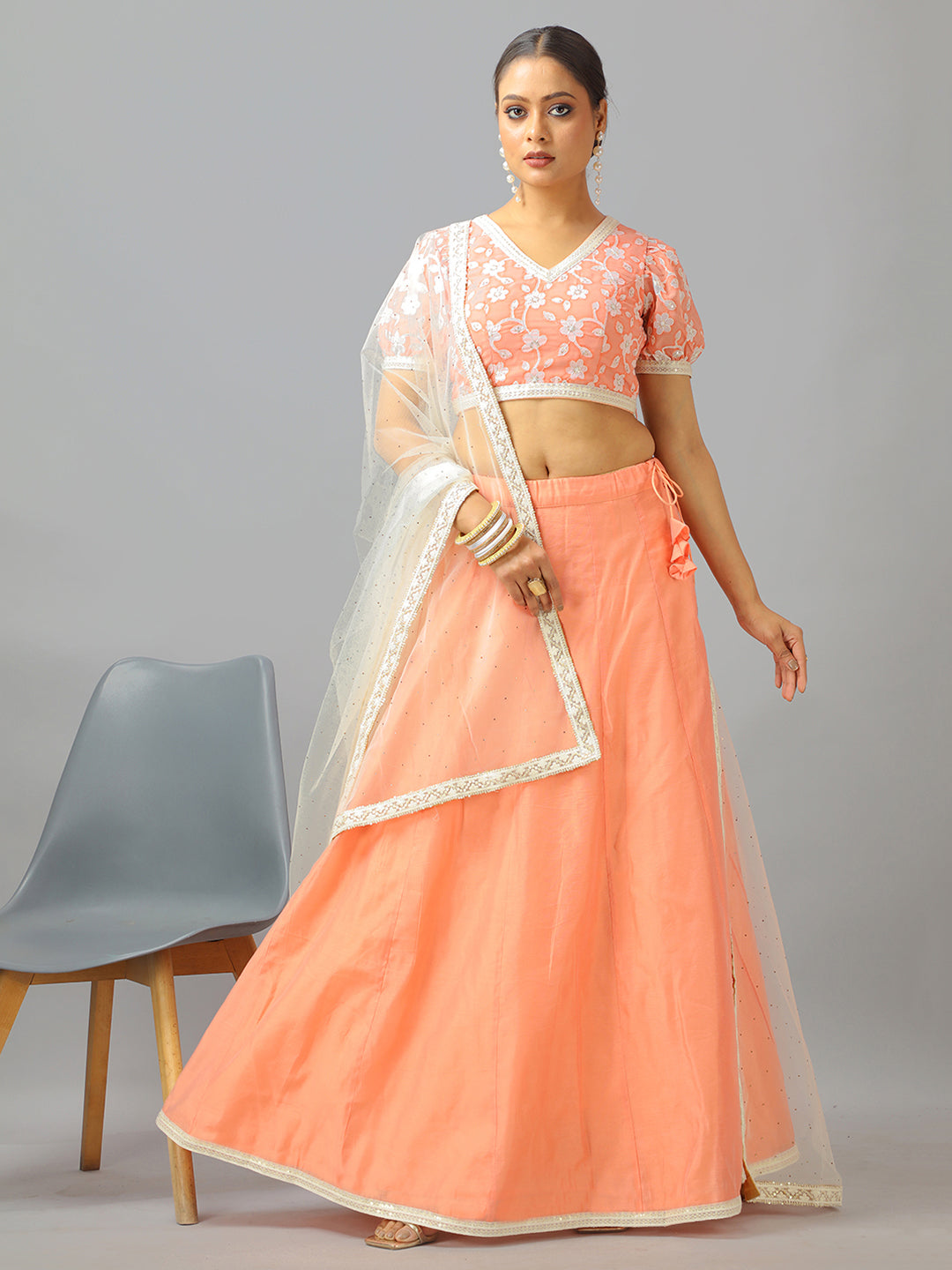 Bollywood Vogue Ready To Wear Peach Embroidered Georgette N Art Silk Lehenga Set - Front View