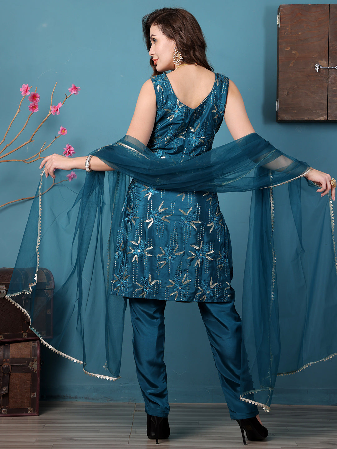 Bollywood Vogue Ready To Wear Teal Green Crepe Embroidered Salwar Kameez - Back View