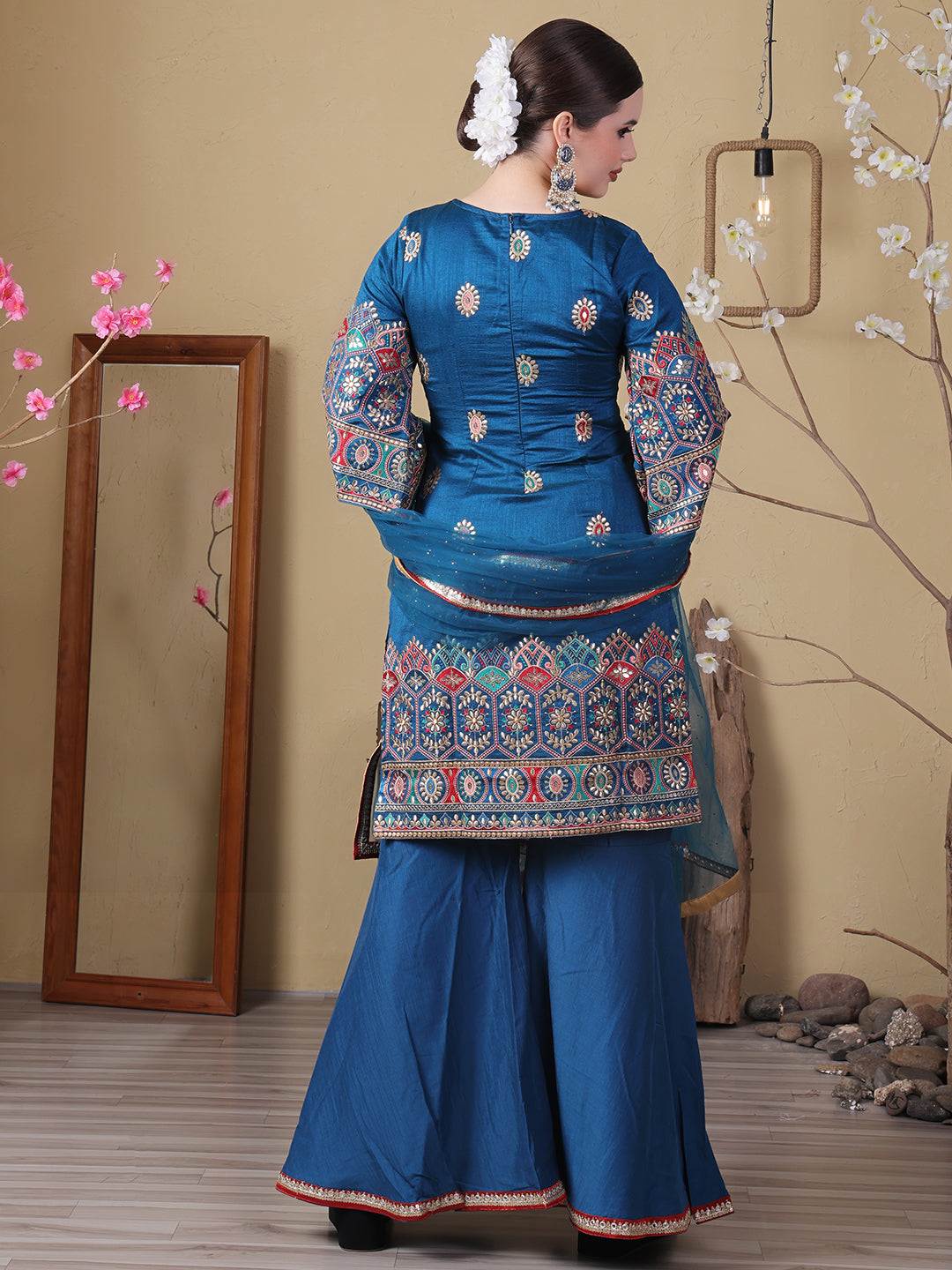 Bollywood Vogue Ready To Wear Blue Art Silk Embroidered Gharara Set - Back View