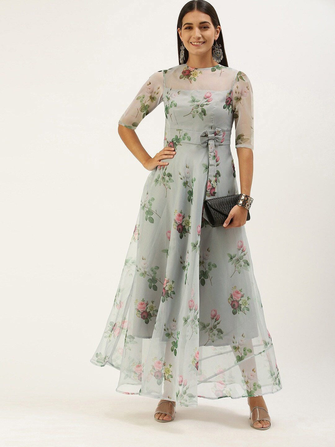 Bollywood Vogue Ready To Wear Grey Organza Digital Printed Dress - Front View