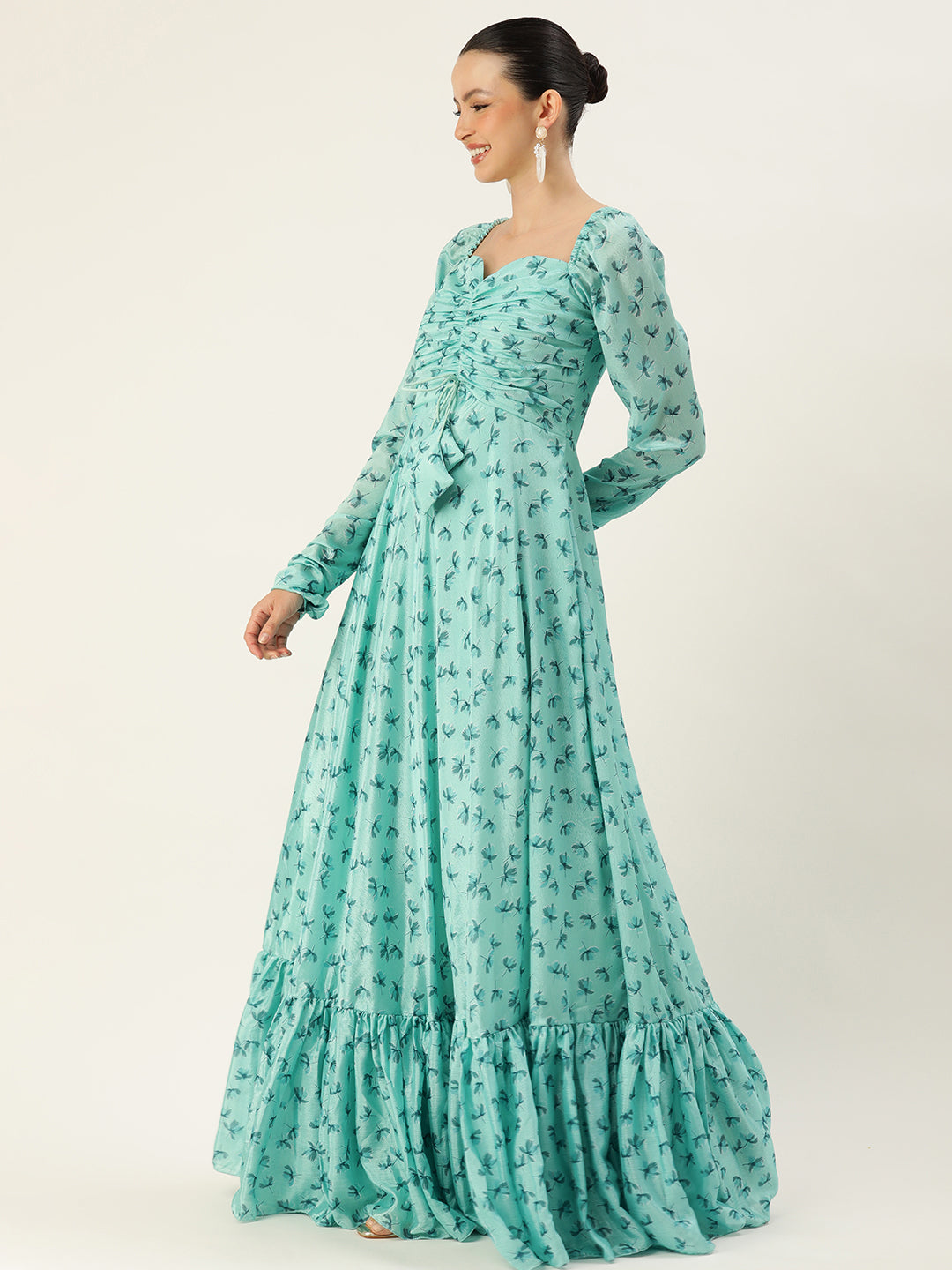 Bollywood Vogue Ready To Wear Blue Chinon Digital Printed Floor Length Gown - Side View