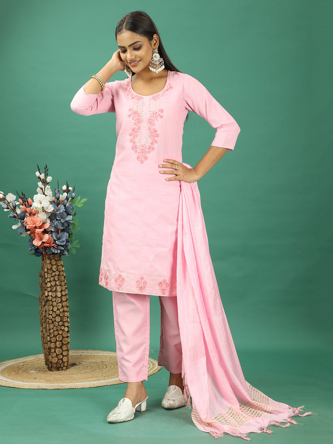 Bollywood Vogue Ready To Wear Pink Rayon Embroidered Straight Pant Suit - Additional View 2