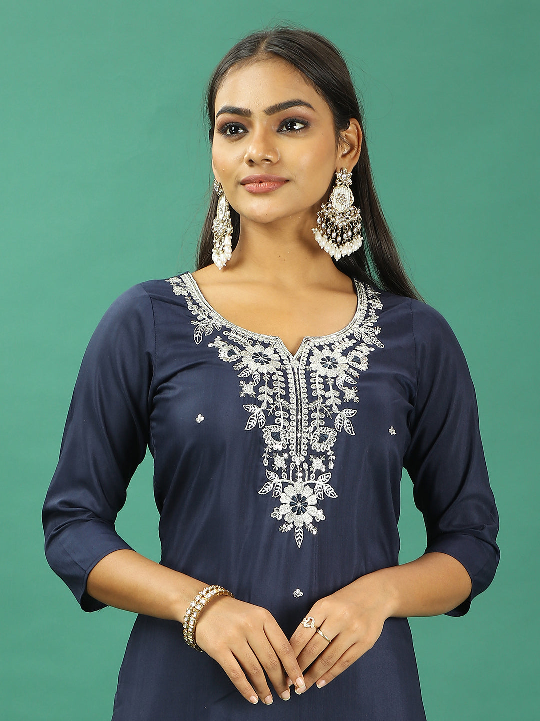 Bollywood Vogue Ready To Wear Blue Silk Embroidered Narrow Straight Pant Suit - Detail View