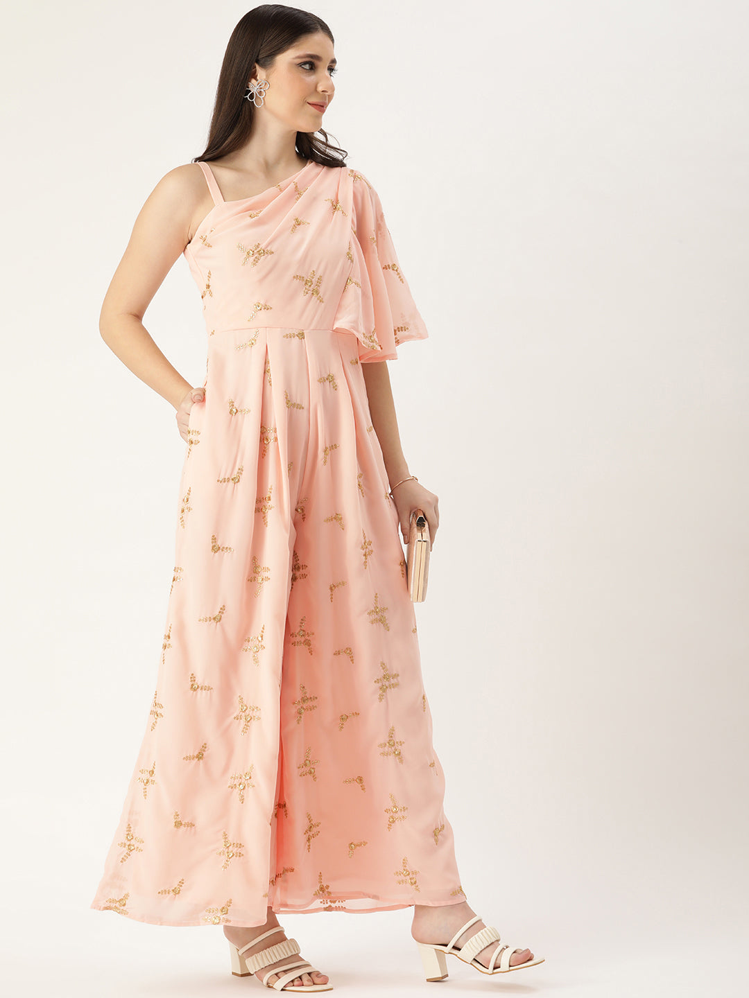Bollywood Vogue Ready To Wear Peach Embroidered Jumpsuit - Side View