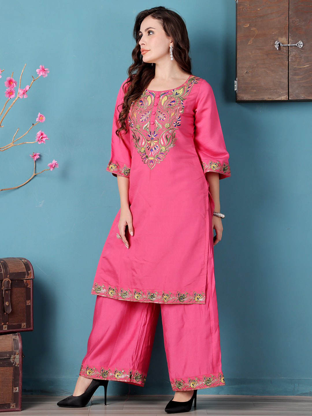 Bollywood Vogue Ready To Wear Pink Art Silk Embroidered Kurta Sets - Side View