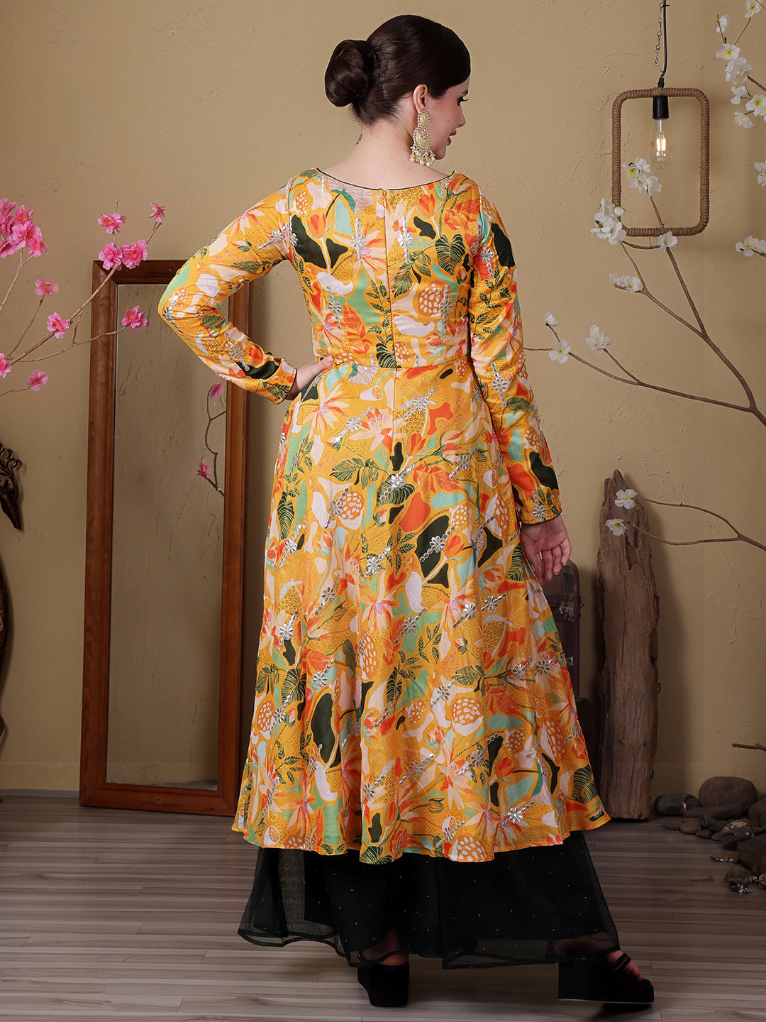 Bollywood Vogue Ready To Wear Green N Yellow Art Silk Embroidered Anarkali Suit - Detail View