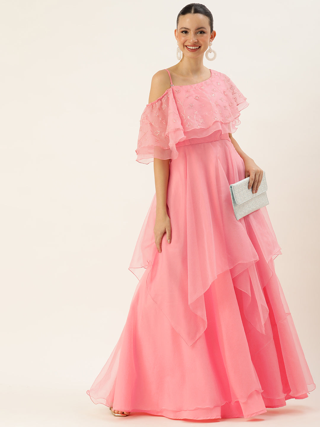 Bollywood Vogue Ready To Wear Pink Embroidered Organza Gown - Front View