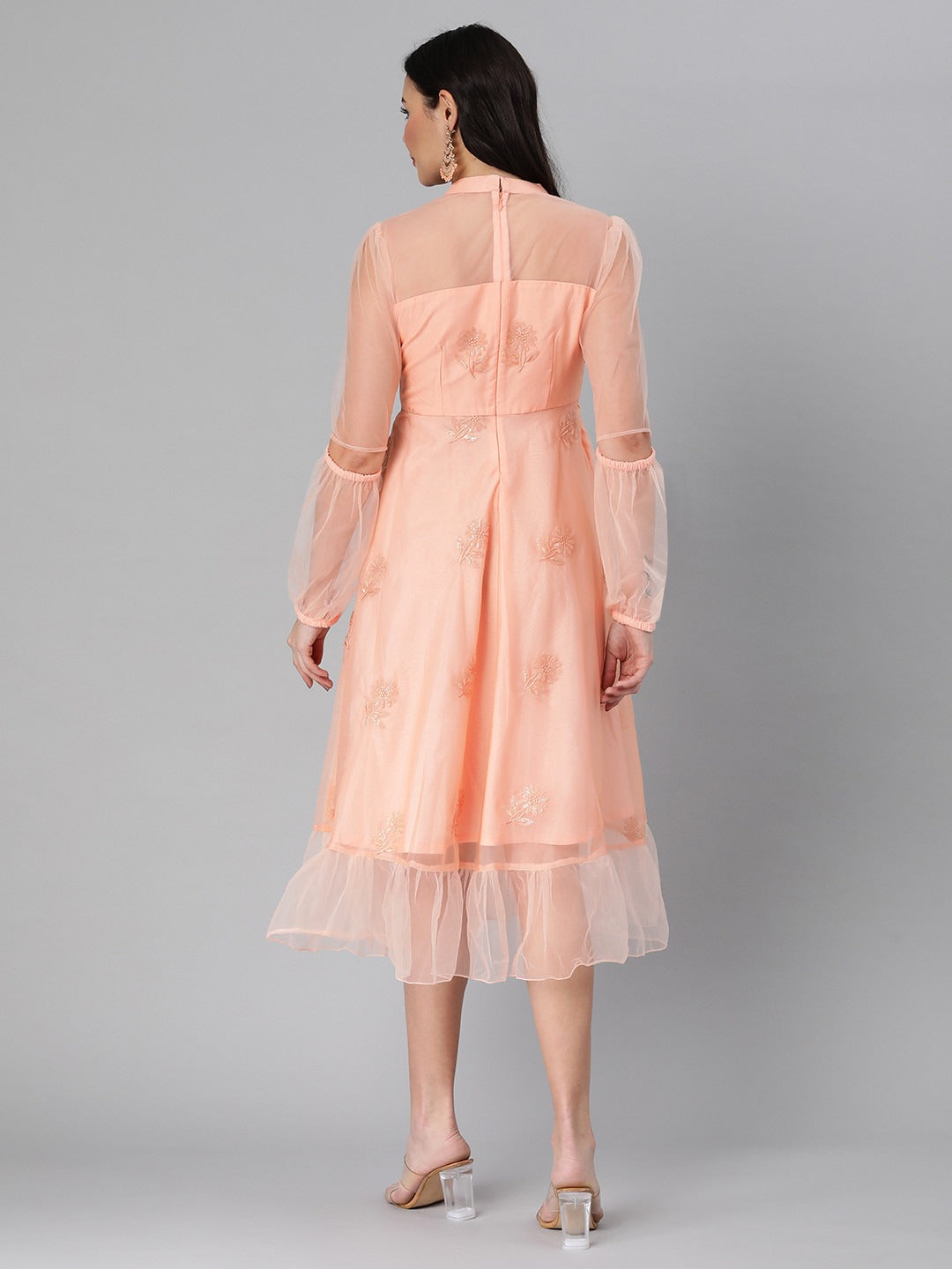 Bollywood Vogue Ready To Wear Peach Organza Embroidered Midi Dress - Back View