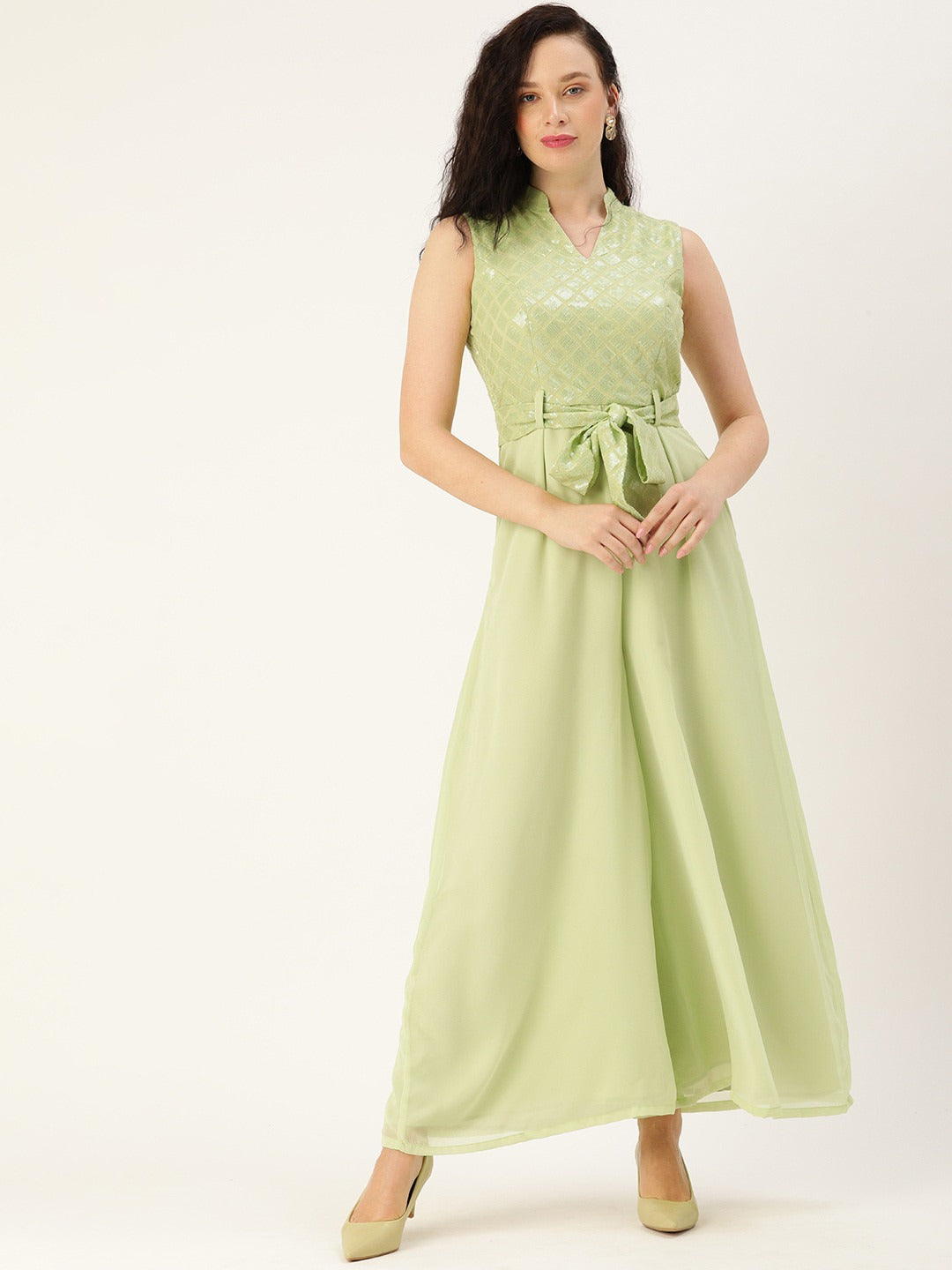 Bollywood Vogue Ready To Wear Green Embroidered Collar Neck Jumpsuit - Front View