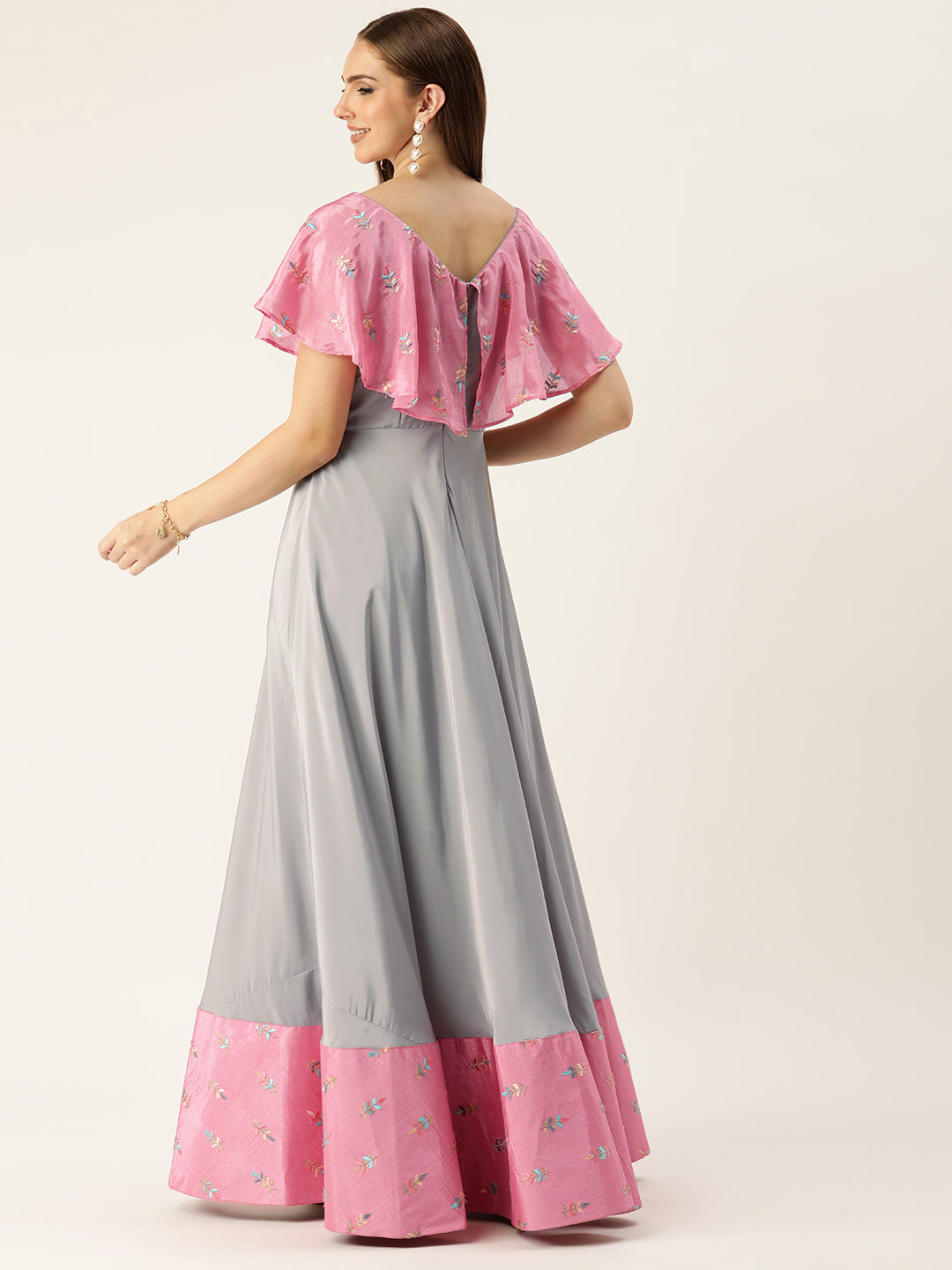 Bollywood Vogue Ready To Wear Grey Art Silk N Pink Chinon Zero Shoulder Style Gown - Back View