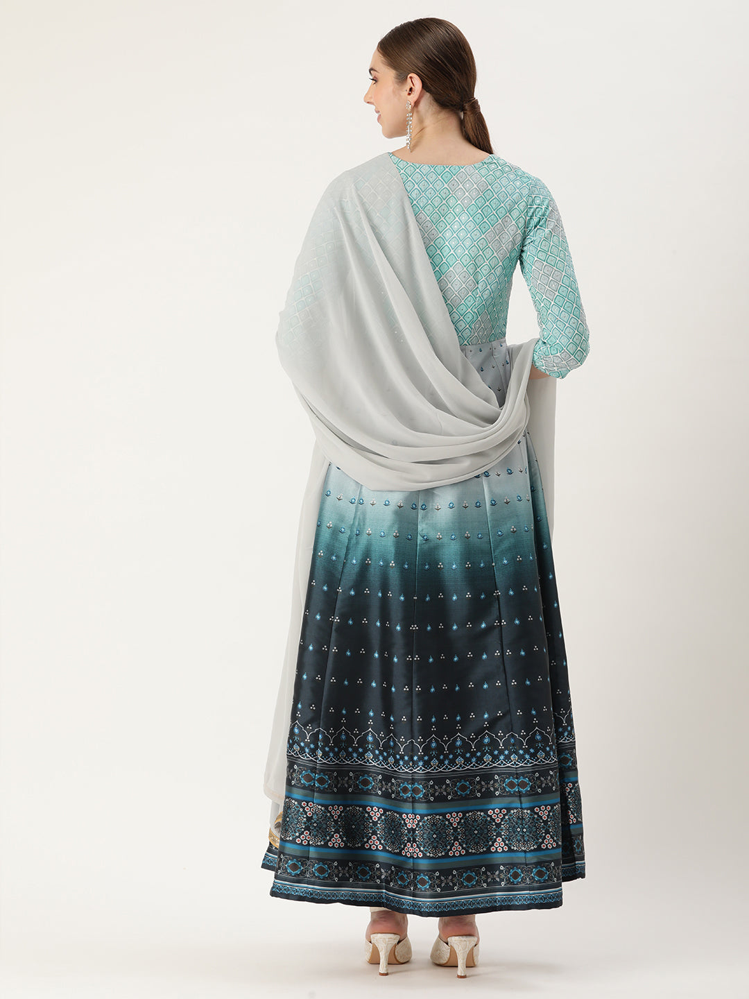 Bollywood Vogue Ready To Wear Blue Printed Kali N Multicolored Embroidered Anarkali Suit - Detail View