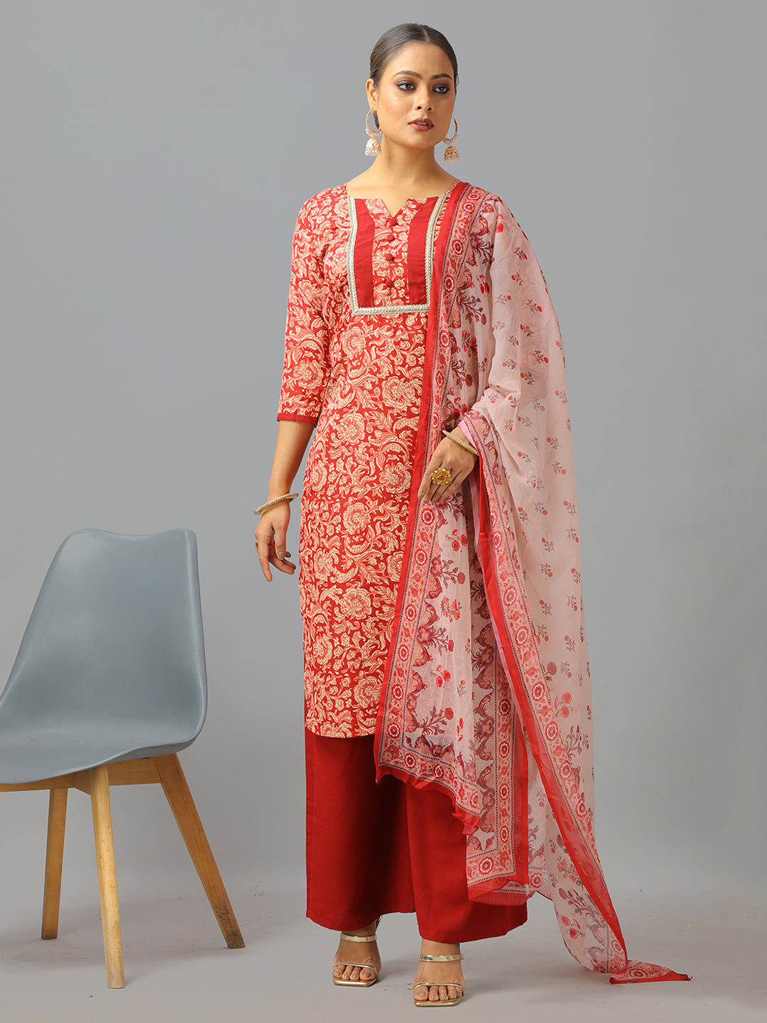 Bollywood Vogue Ready To Wear Maroon Semi Cotton Printed Wide Leg Pant Suit - Front View
