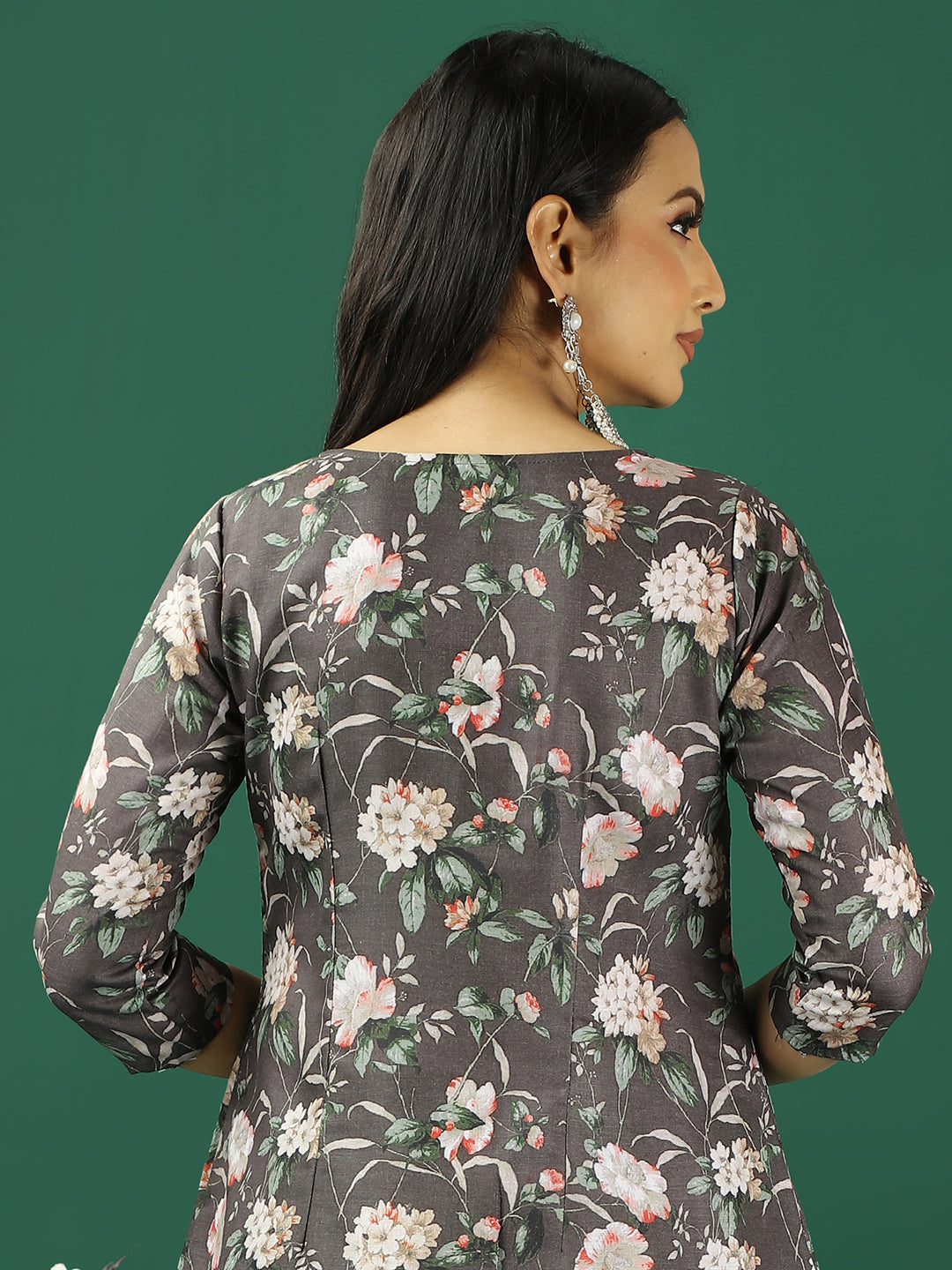 Bollywood Vogue Ready To Wear Grey Printed Cotton Box Pleat Style Kurta Set - Side View