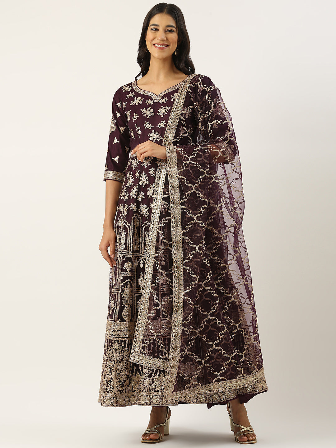 Bollywood Vogue Ready To Wear Classic Purple Net Embroidered Anarkali Suit - Front View
