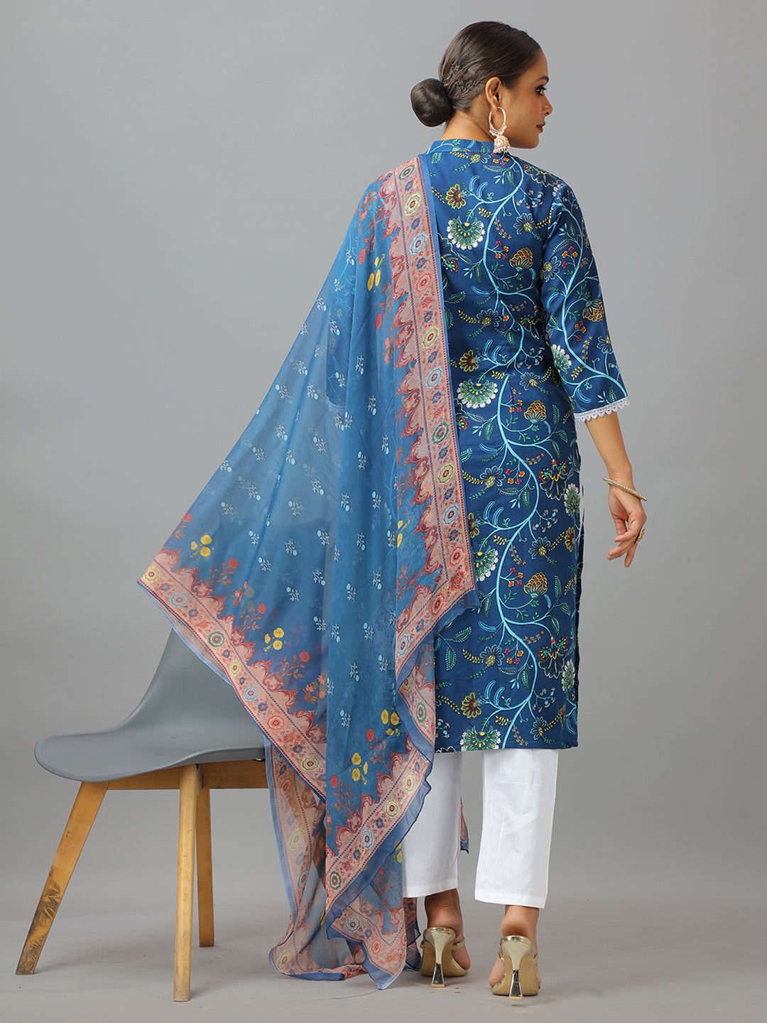 Bollywood Vogue Ready To Wear Blue Art Silk Cotton Kurta Straight Pant Suit - Back View
