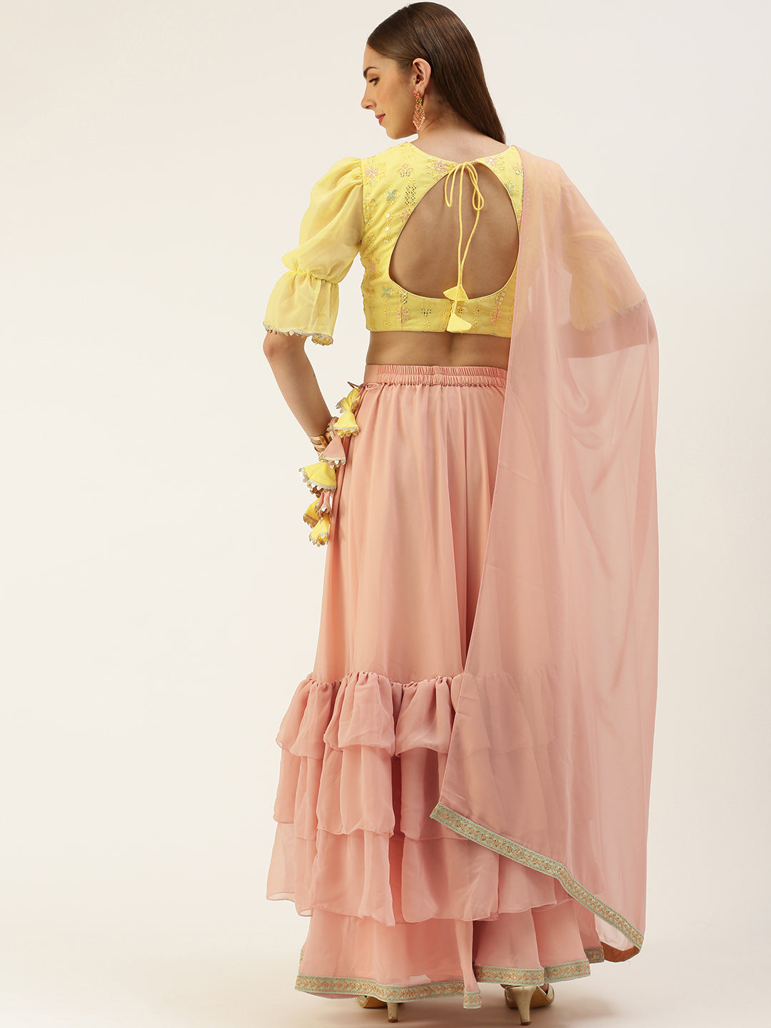 Bollywood Vogue Ready To Wear Yellow N Pink Embroidered Layered Lehenga Set - Look Shot