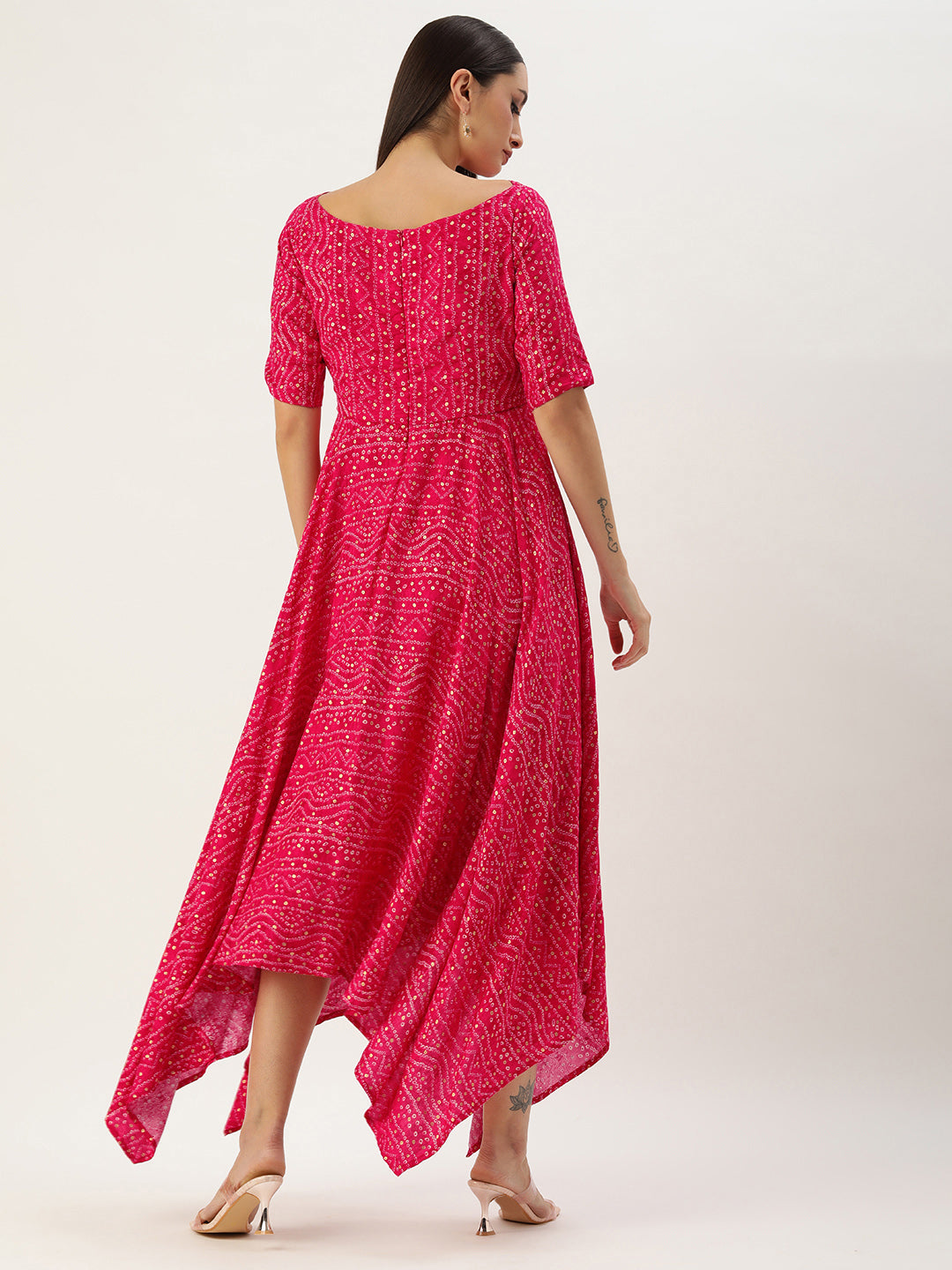 Bollywood Vogue Ready To Wear Pink Bandhani Printed Rayon Dress - Back View