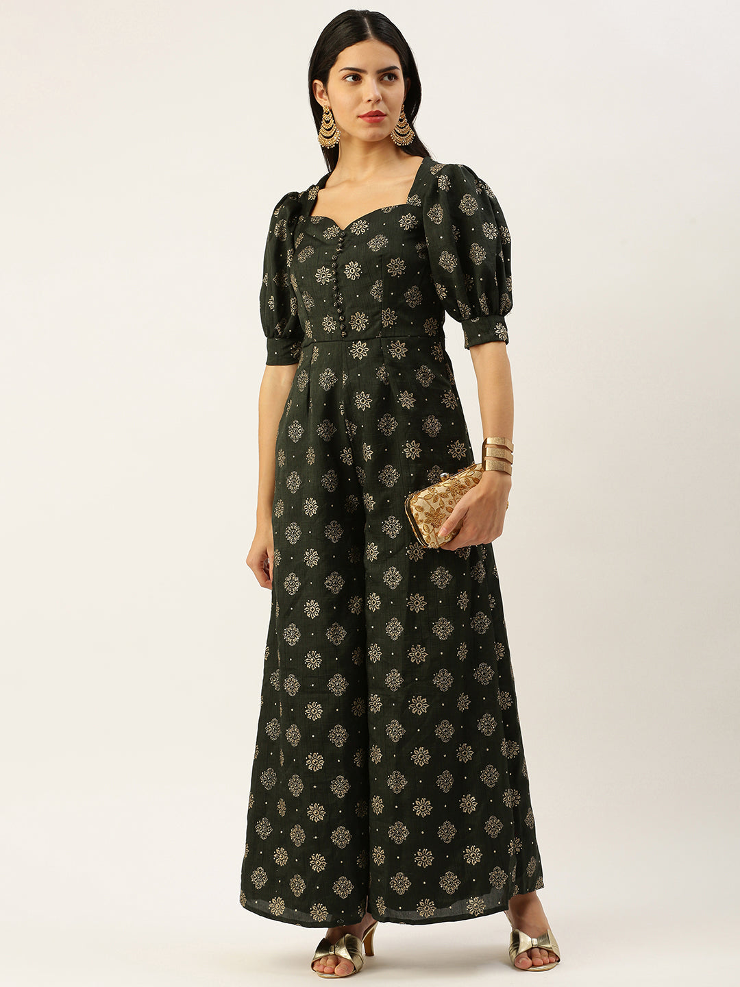 Bollywood Vogue Ready To Wear Green Art Silk Foil Print Jumpsuit - Front View