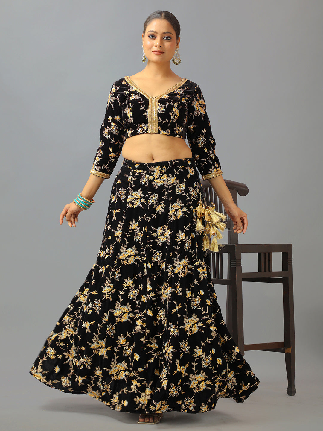 Bollywood Vogue Ready To Wear Black Velvet Embroidered Lehenga Set - Detail View