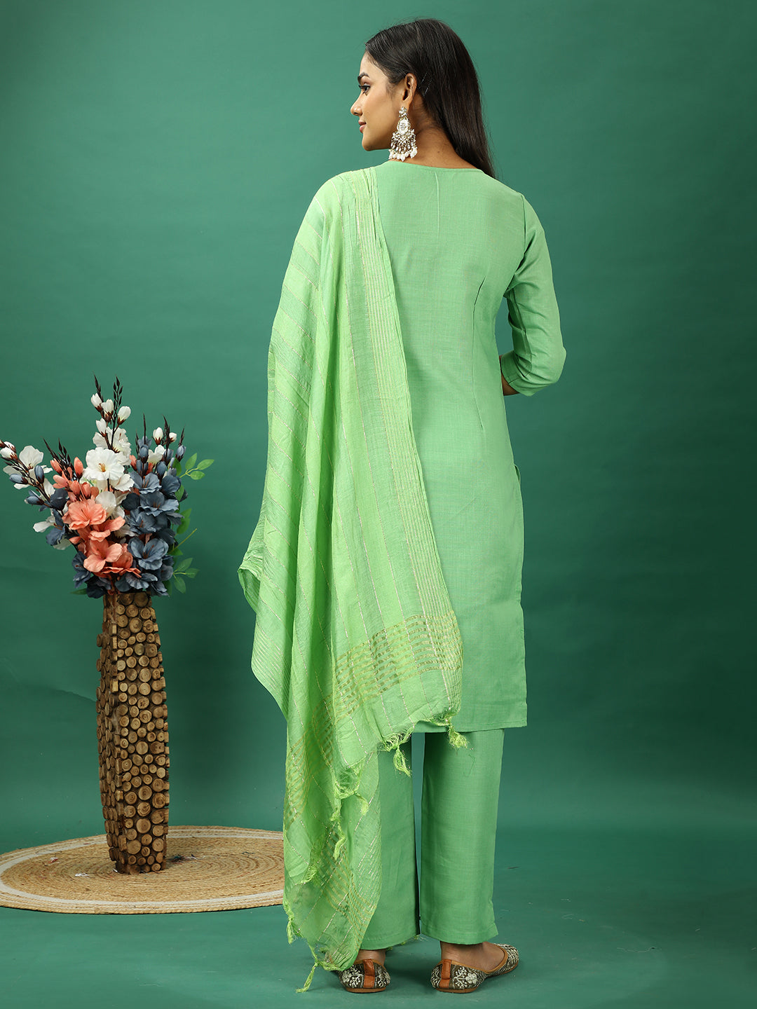 Bollywood Vogue Ready To Wear Green Rayon Embroidered Straight Pant Suit - Back View