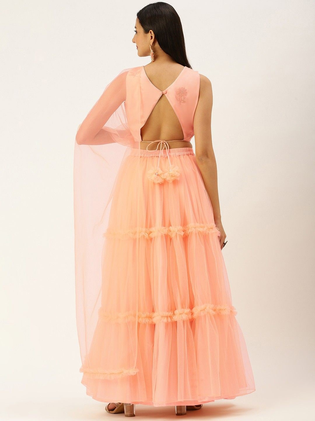 Bollywood Vogue Ready To Wear Baby Pink Organza Embroidered Lehenga - Back View