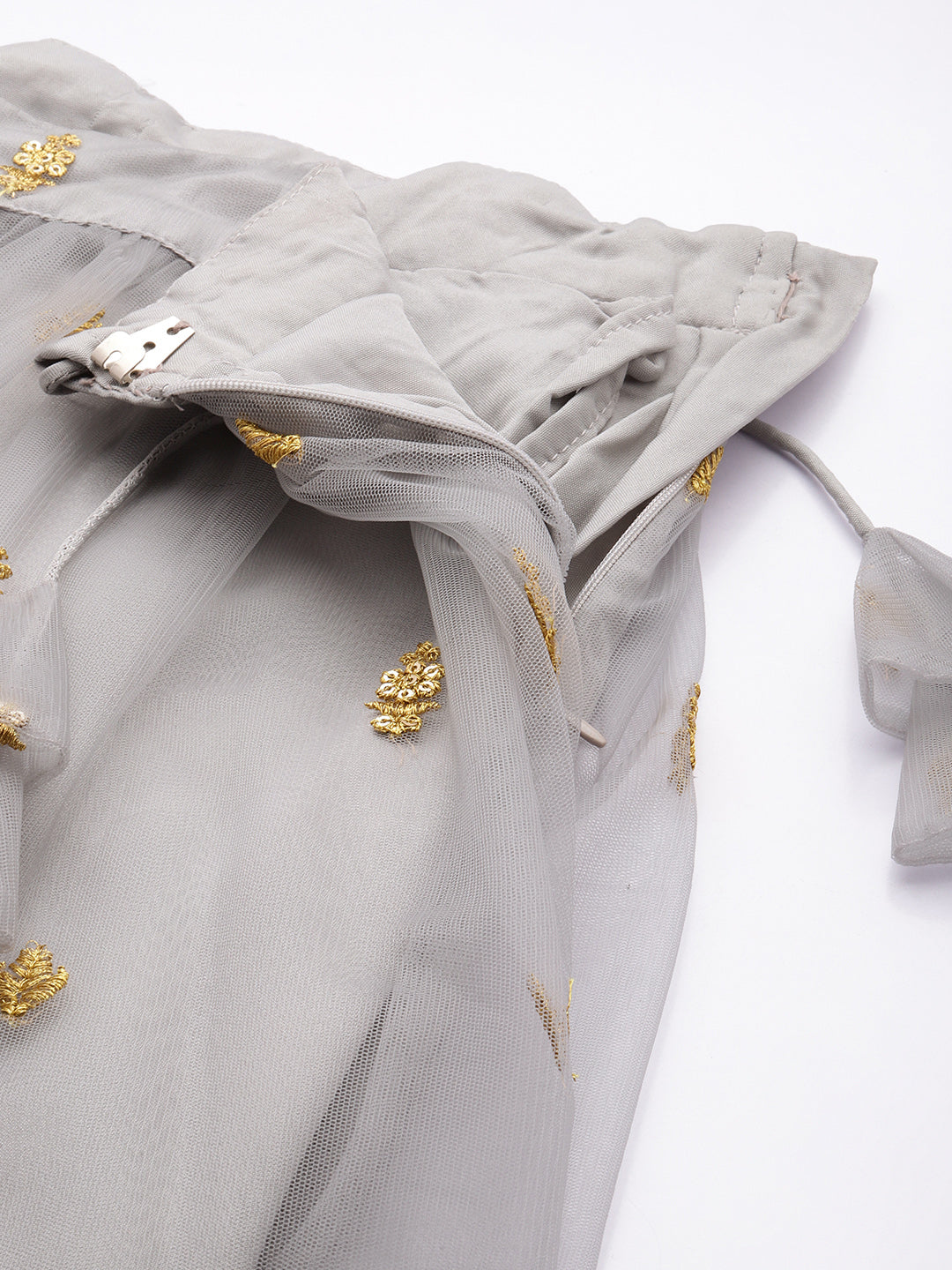 Bollywood Vogue Ready To Wear Gold Sequin Blouse N Grey Embroidered Net Lehenga Set - Additional View 1