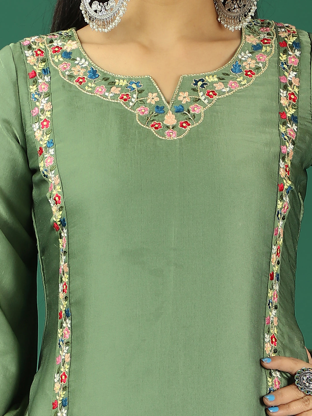 Bollywood Vogue Ready To Wear Green Art Silk Embroidered Straight Pant Suit - Additional View 1