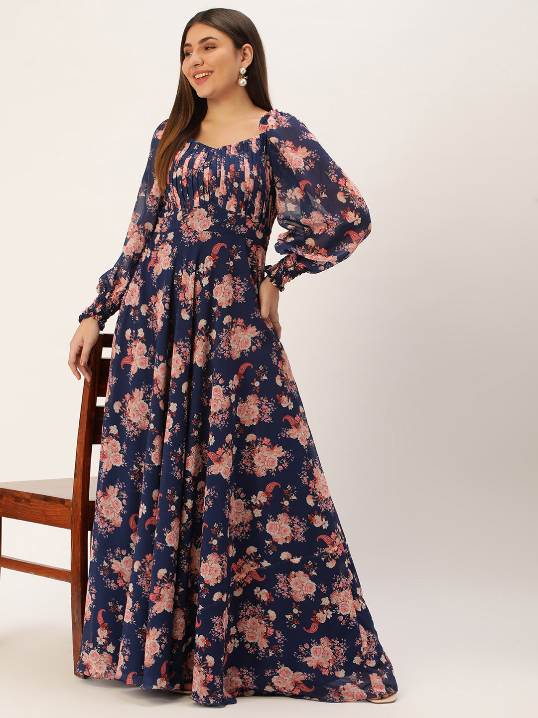 Bollywood Vogue Ready To Wear Blue Georgette Printed Pleated Yoke Gown - Front View