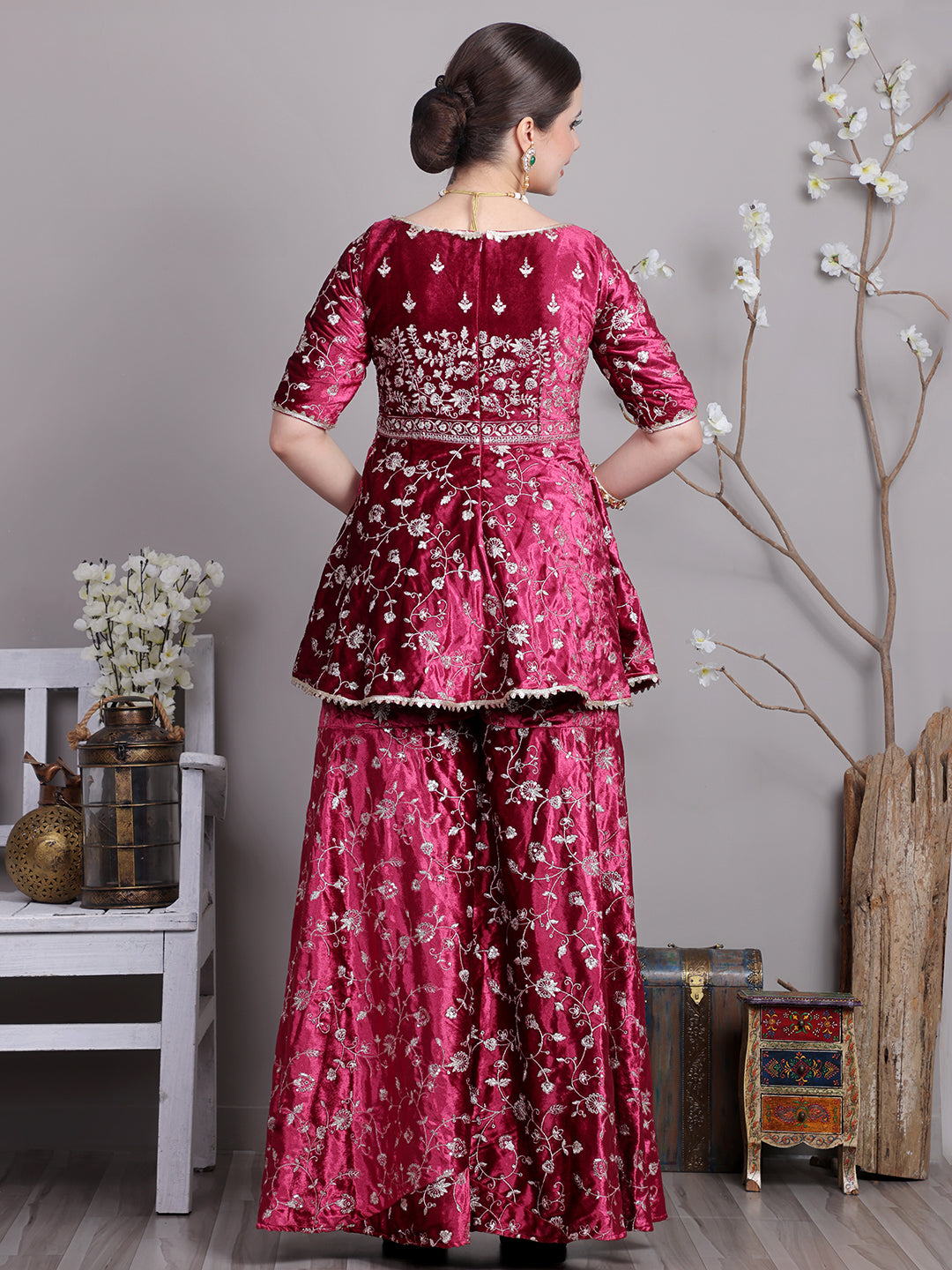 Bollywood Vogue Ready To Wear Classic Top With Velvet Embroidered Sharara Suit - Back View