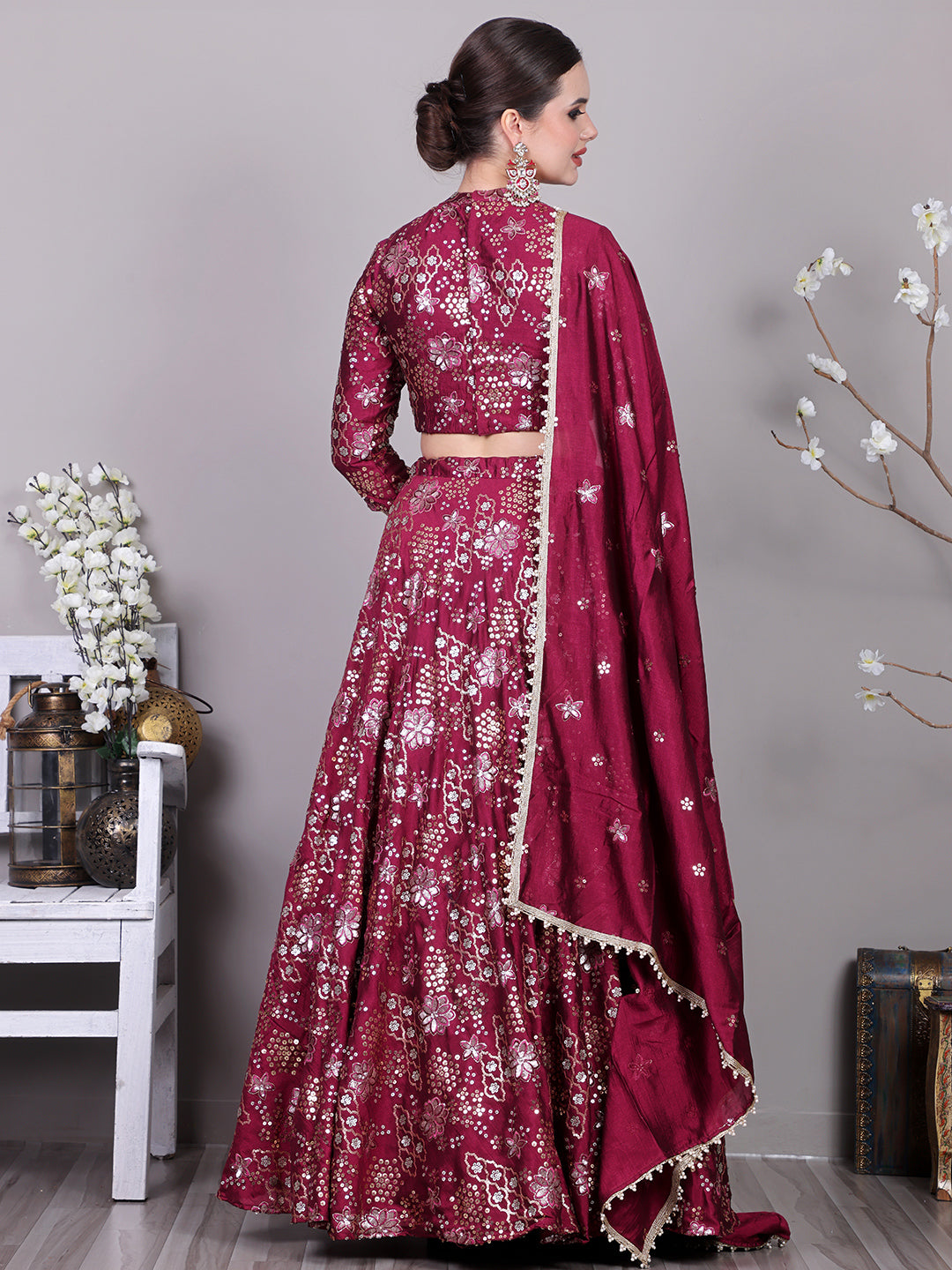 Bollywood Vogue Ready To Wear Classic Blouse With Wine Embroidered Lehenga Set - Back View