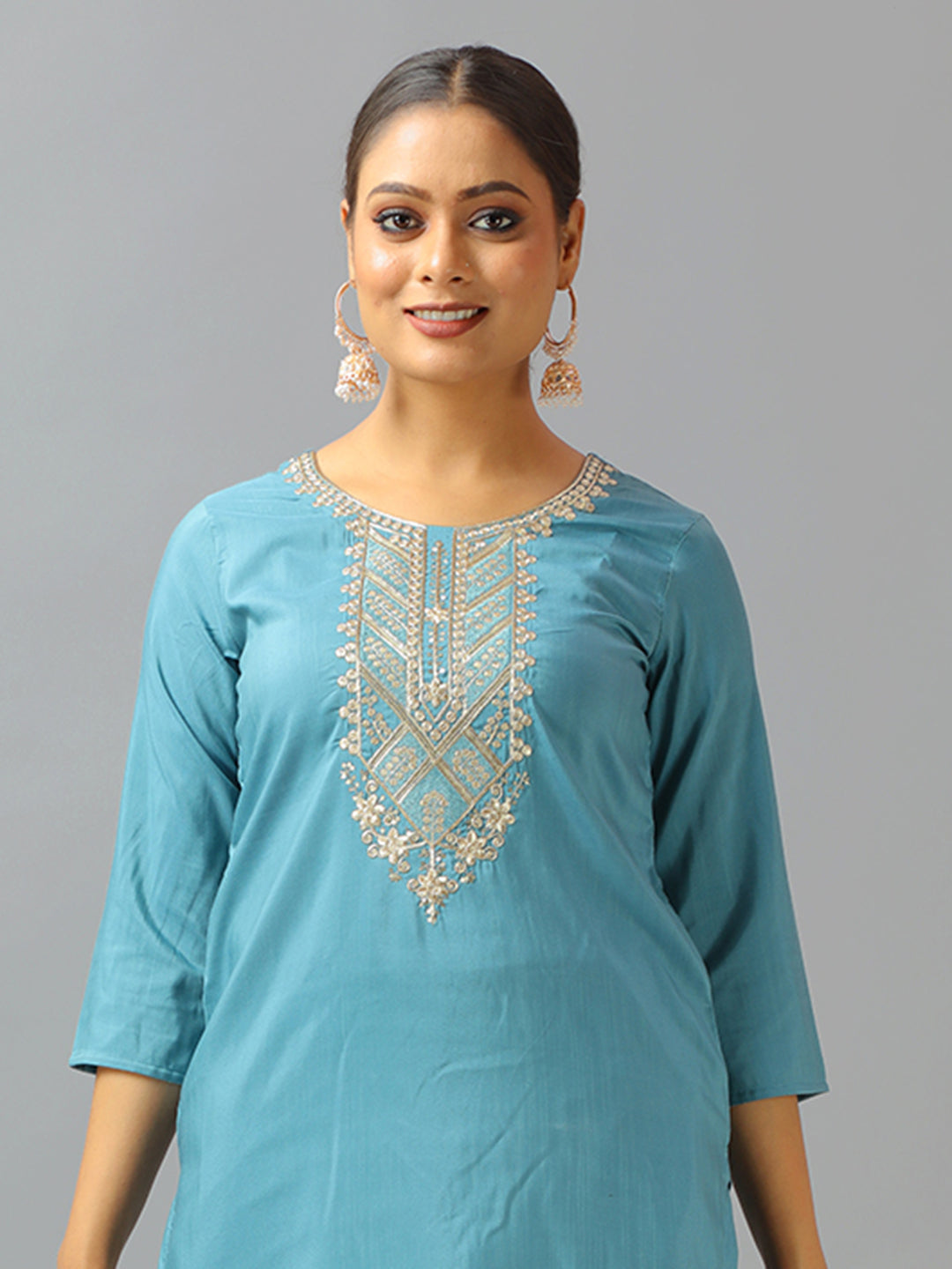 Bollywood Vogue Ready To Wear Blue Art Silk Embroidered Straight Pant Suit - Detail View