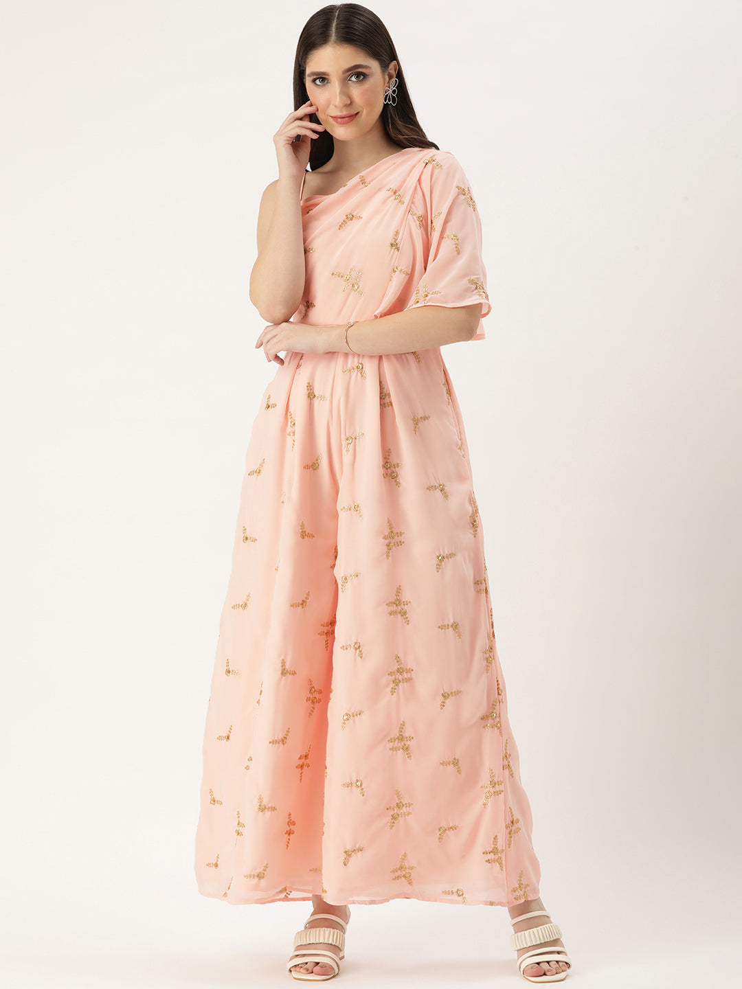 Bollywood Vogue Ready To Wear Peach Embroidered Jumpsuit - Front View