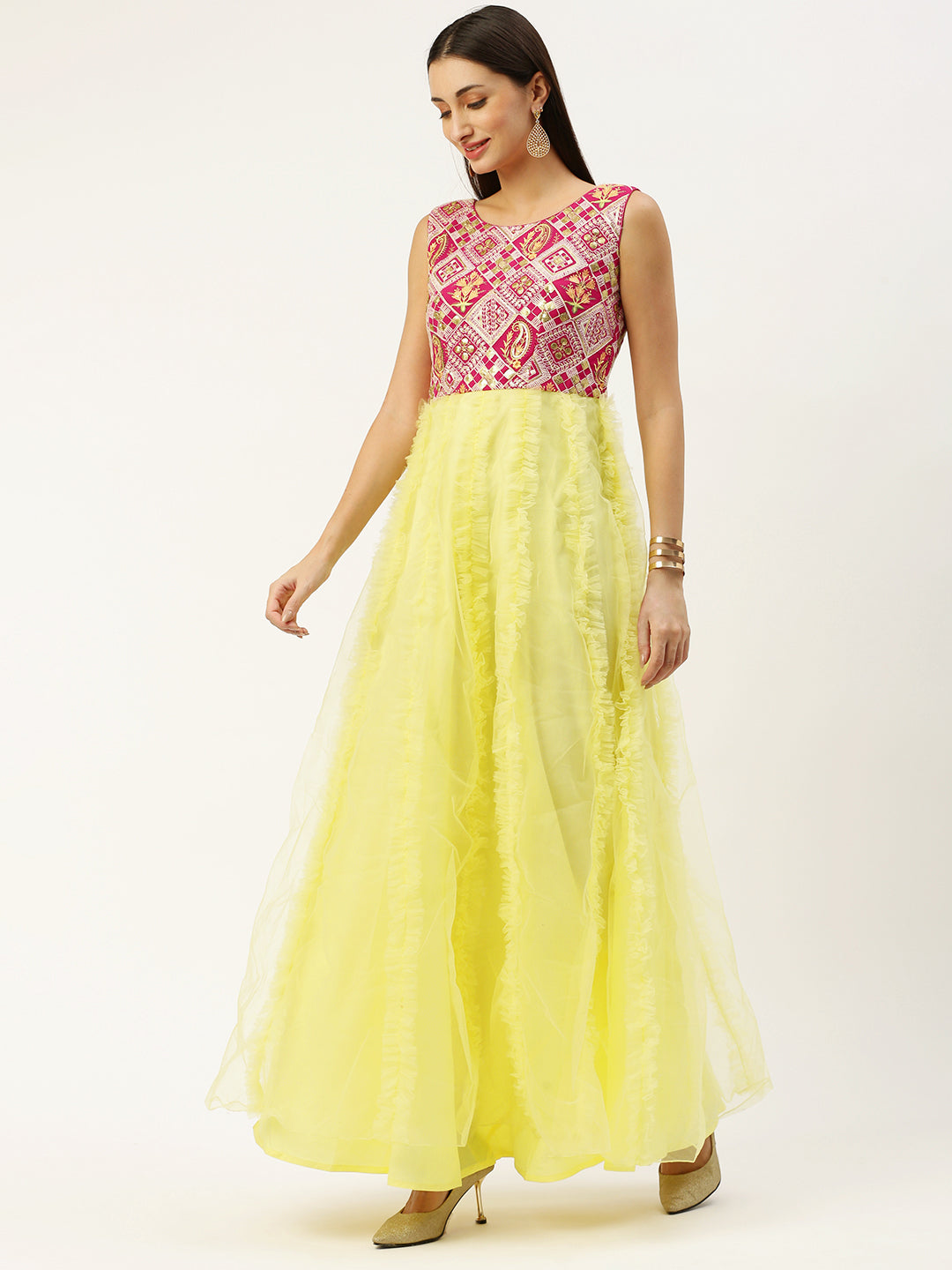 Bollywood Vogue Ready To Wear Pink N Yellow Georgette Embroidered Ruffle Gown - Look Shot