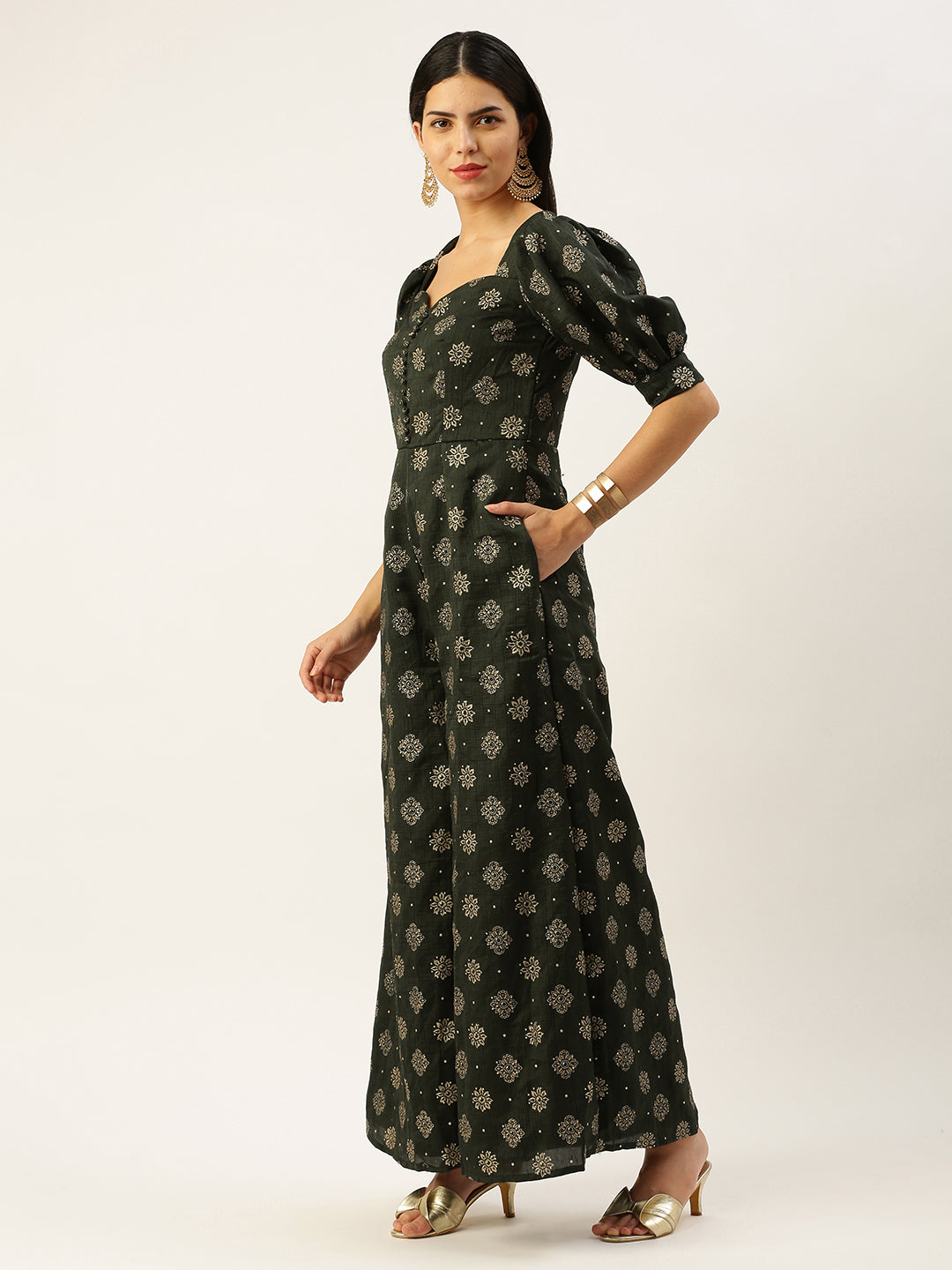 Bollywood Vogue Ready To Wear Green Art Silk Foil Print Jumpsuit - Detail View